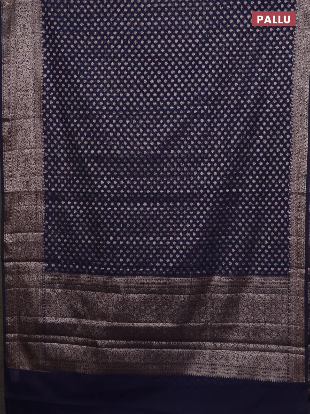 Banarasi semi chiniya saree navy blue with allover thread & zari woven buttas and woven border - Image 3