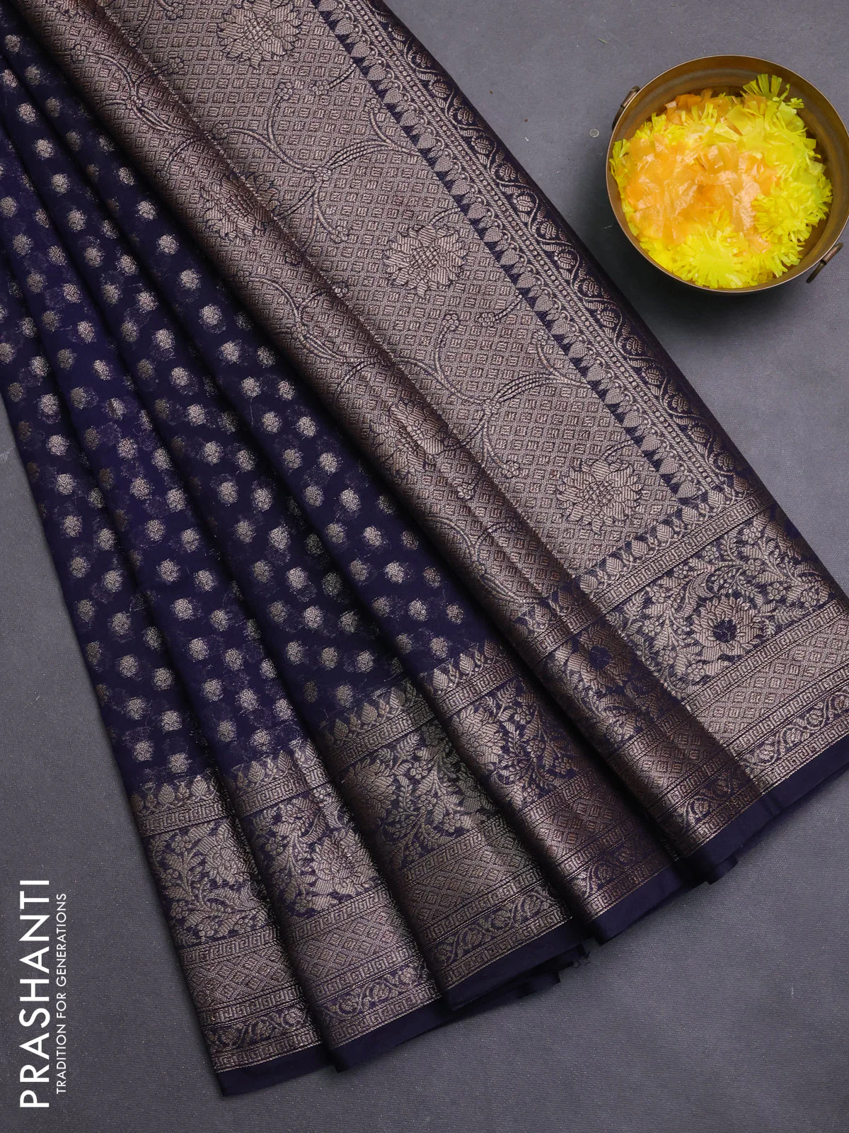 Banarasi semi chiniya saree navy blue with allover thread & zari woven buttas and woven border
