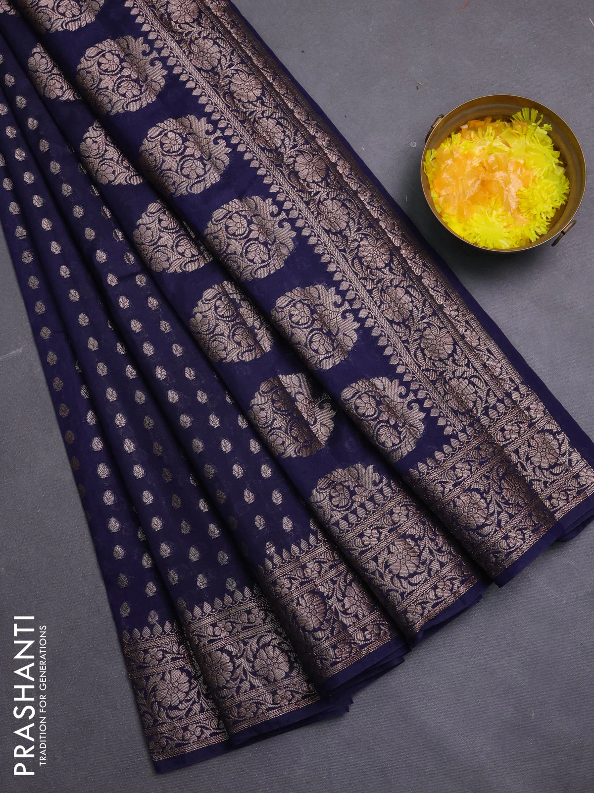 Banarasi semi chiniya saree navy blue with allover thread & zari woven buttas and woven border