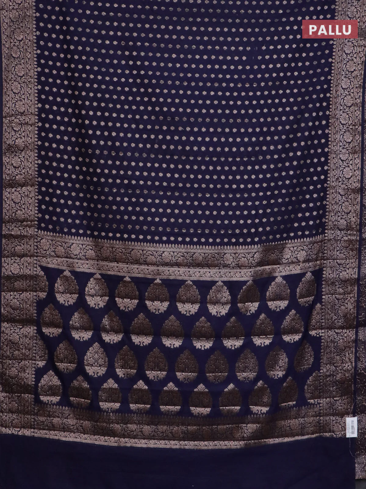 Banarasi semi chiniya saree navy blue with allover thread & zari woven buttas and woven border - Image 3