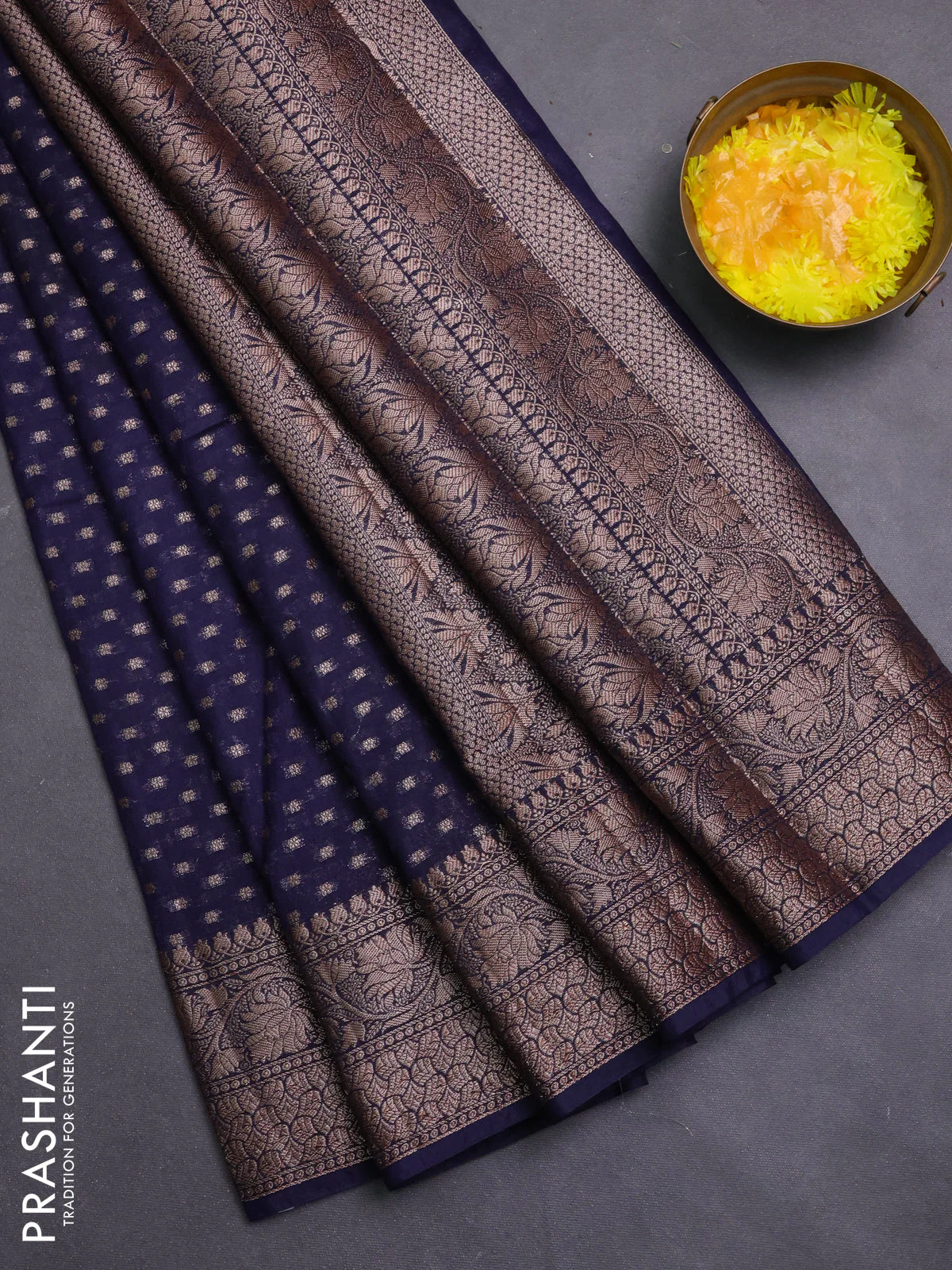 Banarasi semi chiniya saree navy blue with allover thread & zari woven buttas and woven border