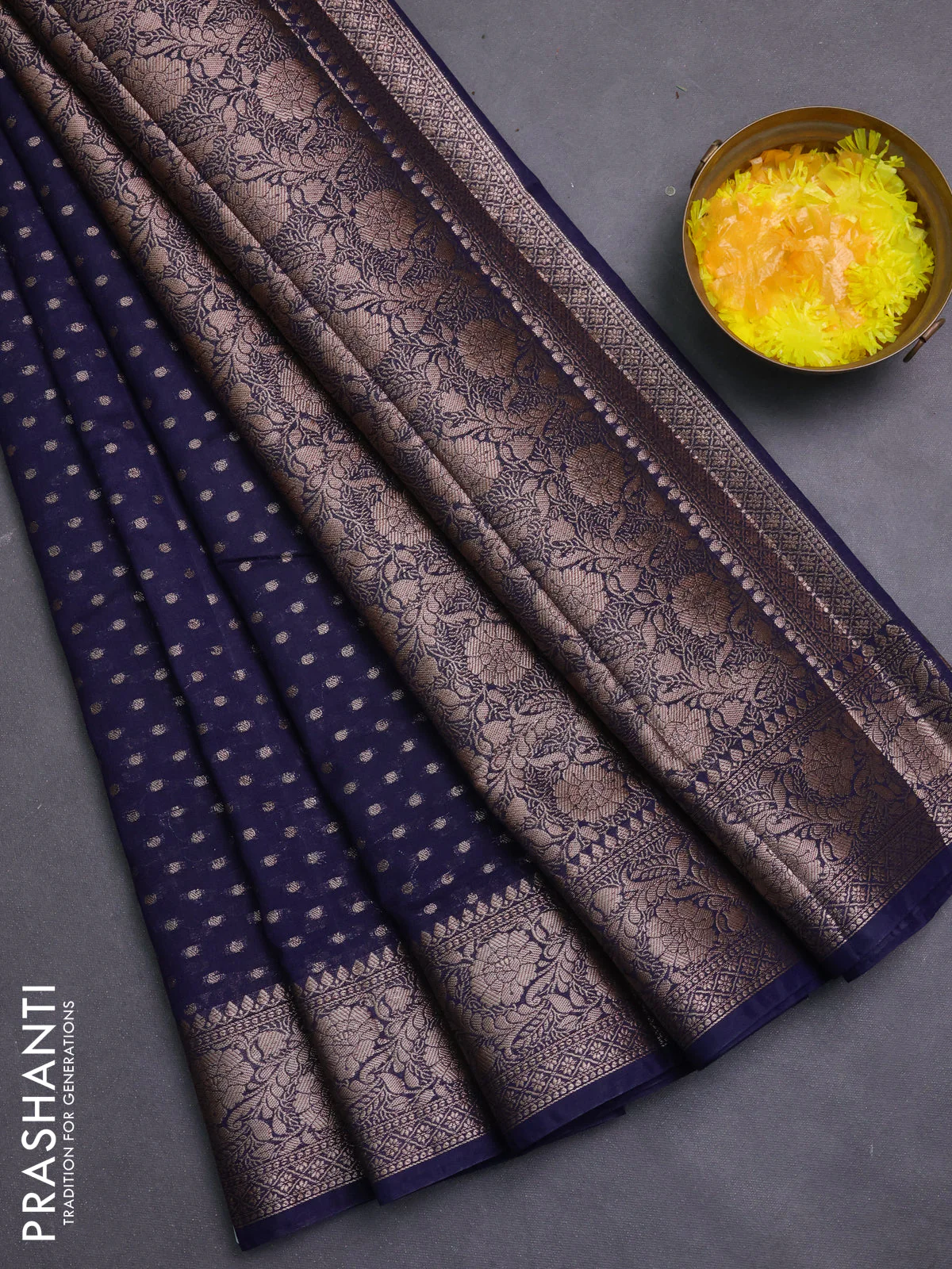Banarasi semi chiniya saree navy blue with allover thread & zari woven buttas and woven border