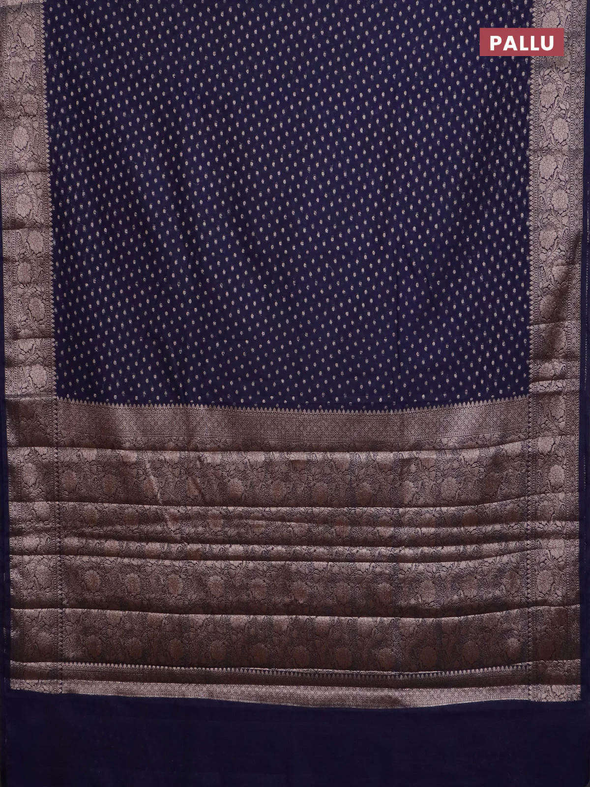 Banarasi semi chiniya saree navy blue with allover thread & zari woven buttas and woven border - Image 3