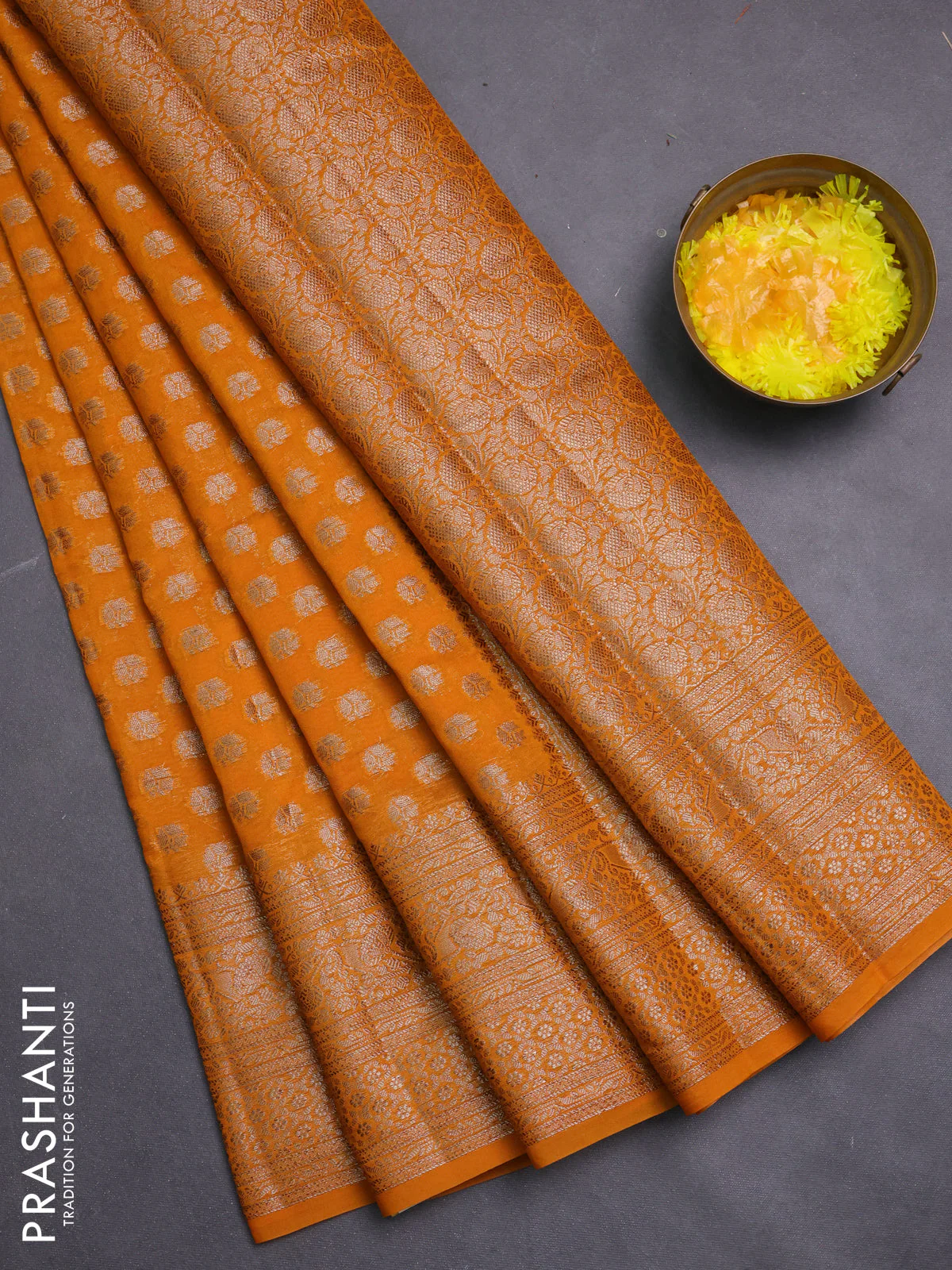 Banarasi semi chiniya saree orange shade with allover thread & zari woven buttas and woven border