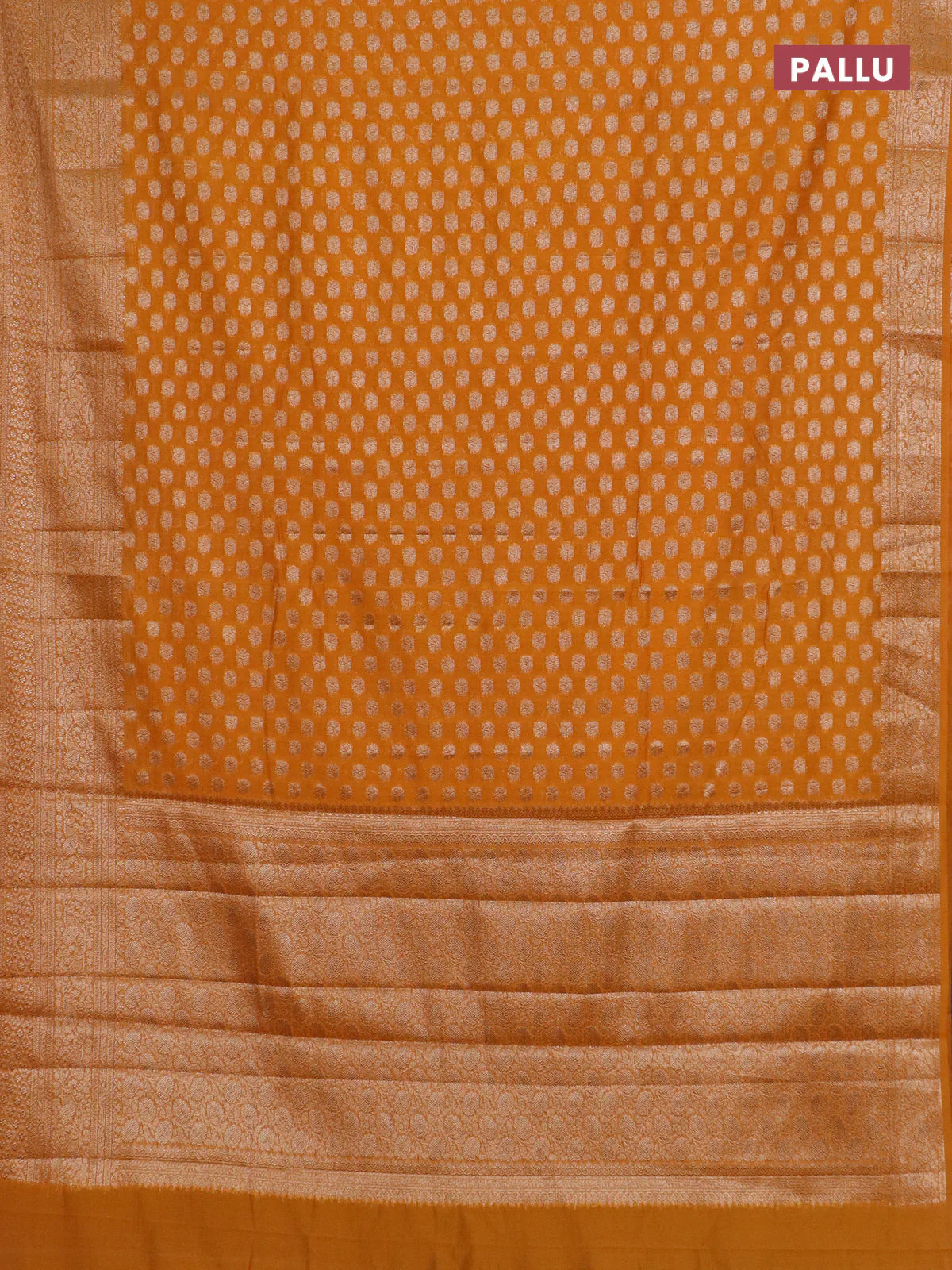 Banarasi semi chiniya saree orange shade with allover thread & zari woven buttas and woven border - Image 3