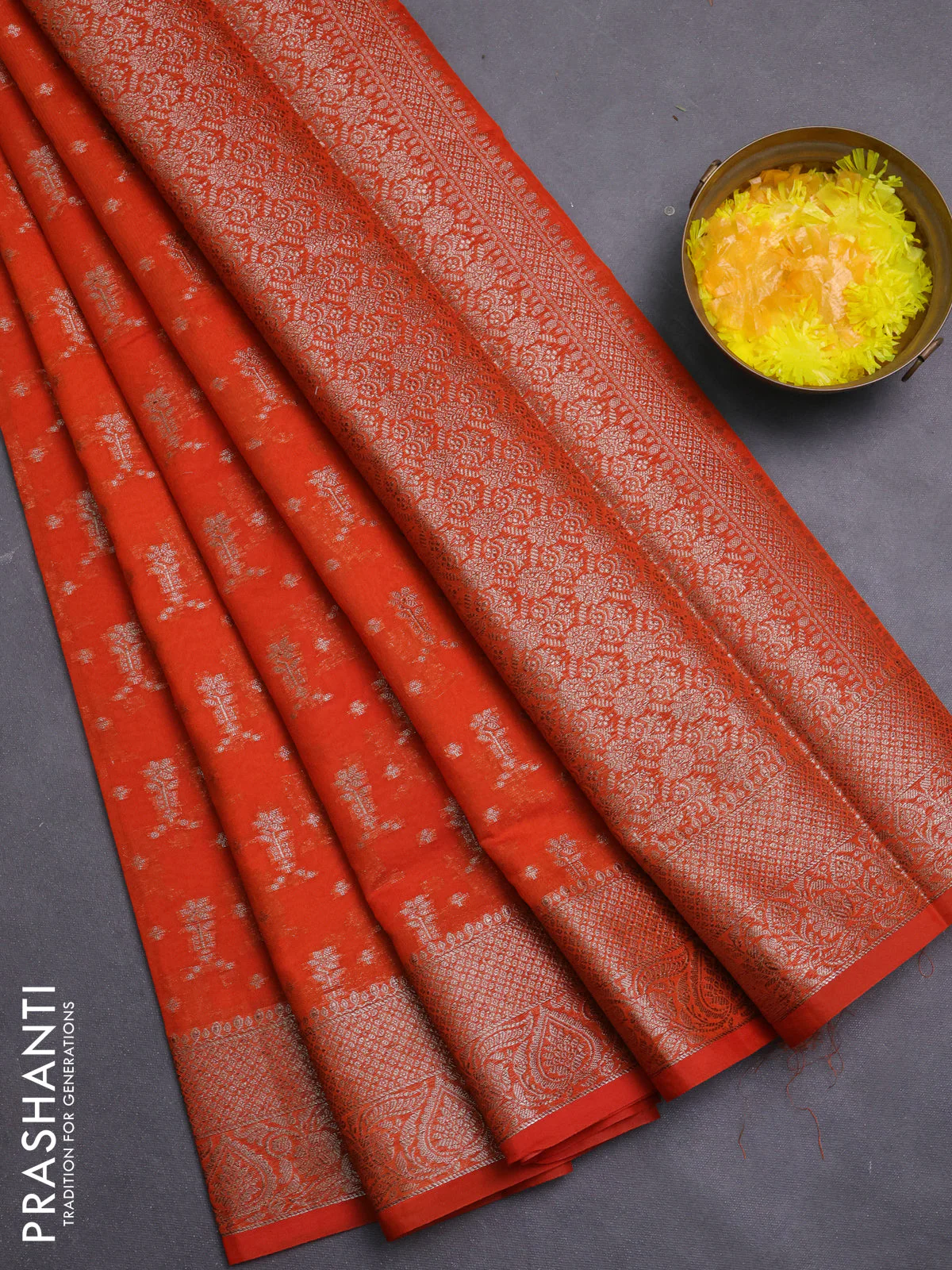 Banarasi semi chiniya saree orange with allover thread & zari weaves and woven border