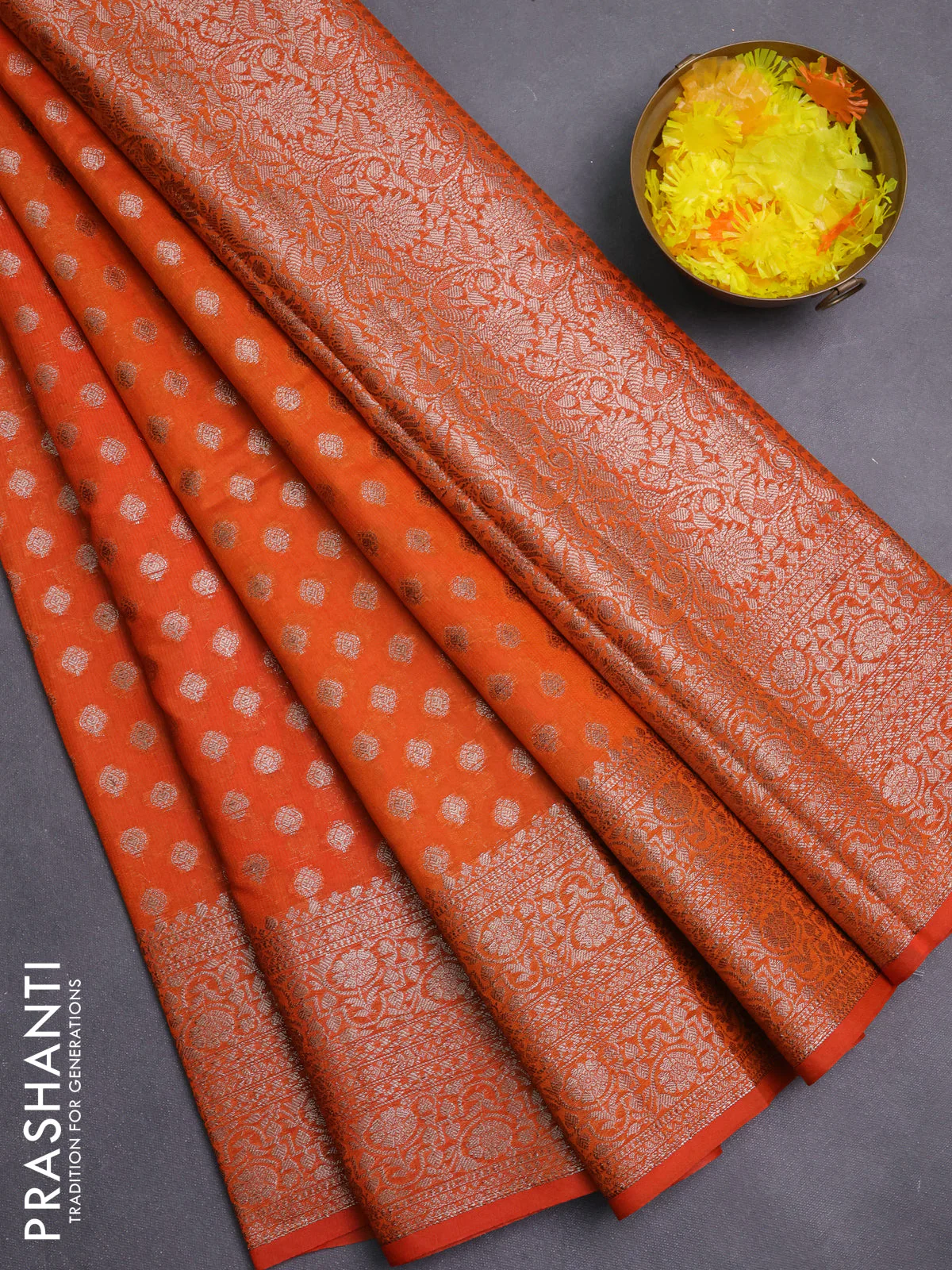 Banarasi semi chiniya saree orange with allover thread & zari woven buttas and woven border