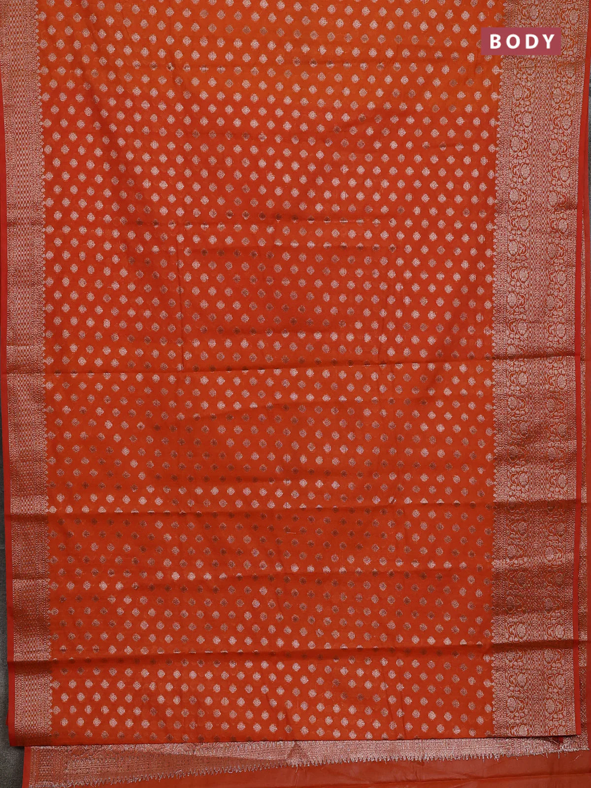 Banarasi semi chiniya saree orange with allover thread & zari woven buttas and woven border - Image 2