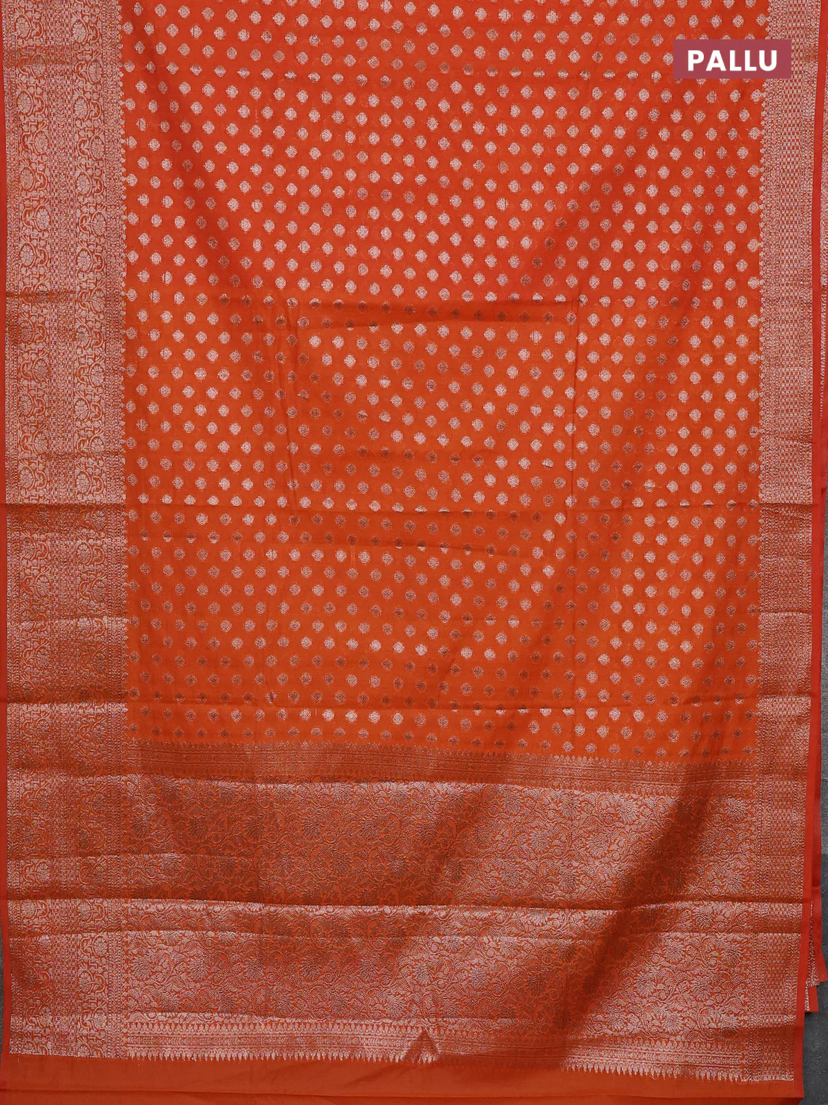 Banarasi semi chiniya saree orange with allover thread & zari woven buttas and woven border - Image 3