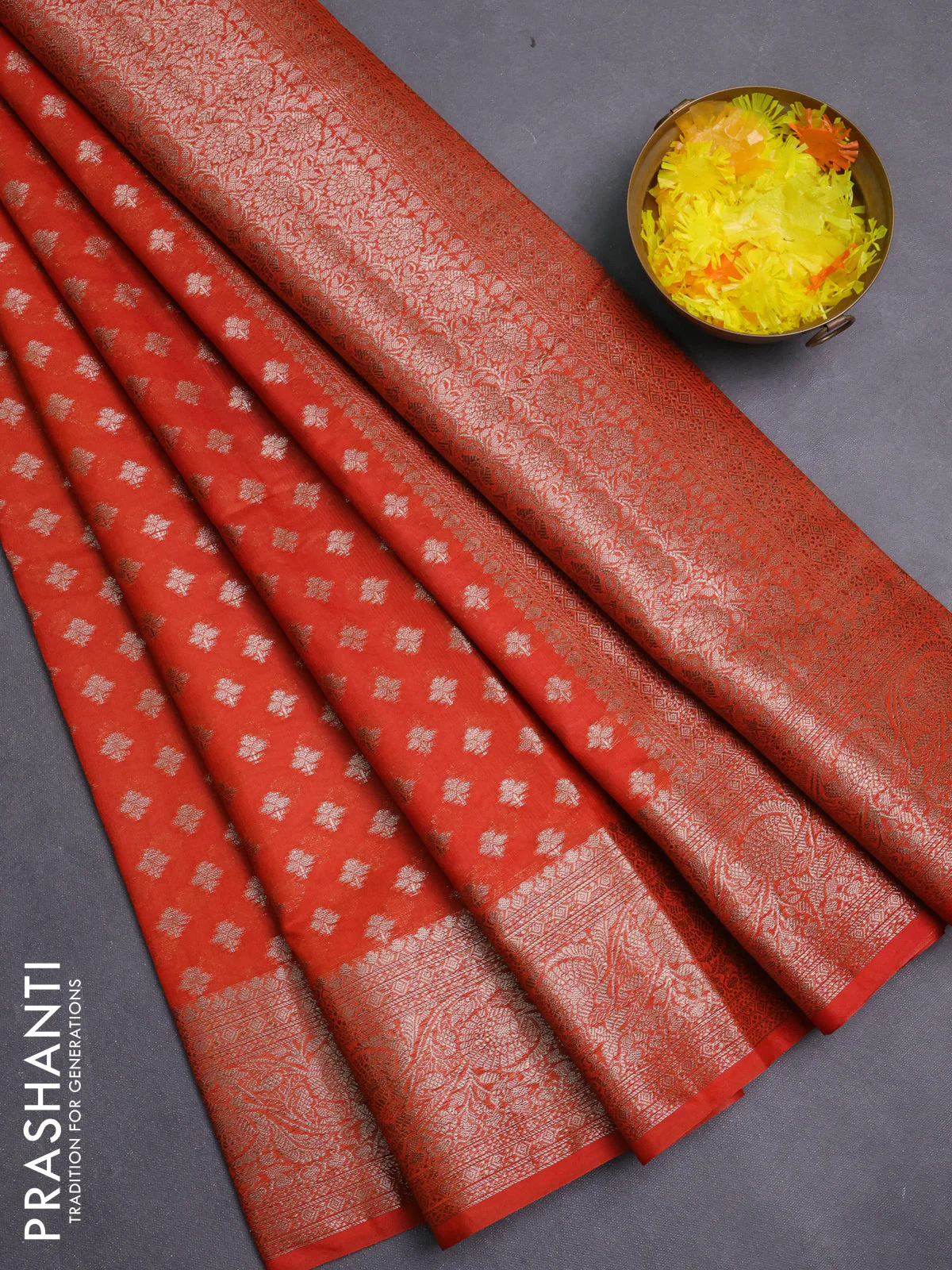 Banarasi semi chiniya saree orange with allover thread & zari woven buttas and woven border