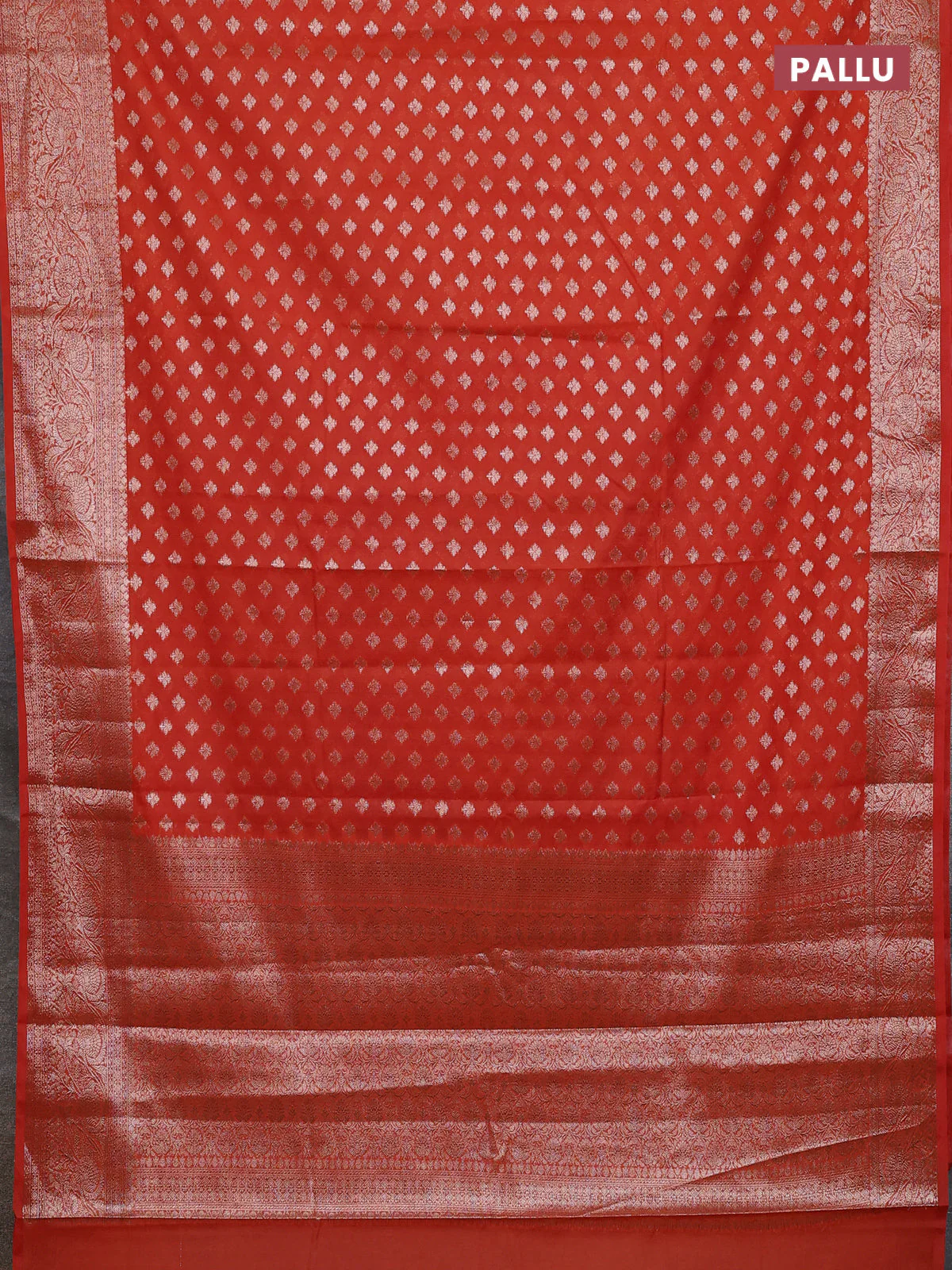 Banarasi semi chiniya saree orange with allover thread & zari woven buttas and woven border - Image 3