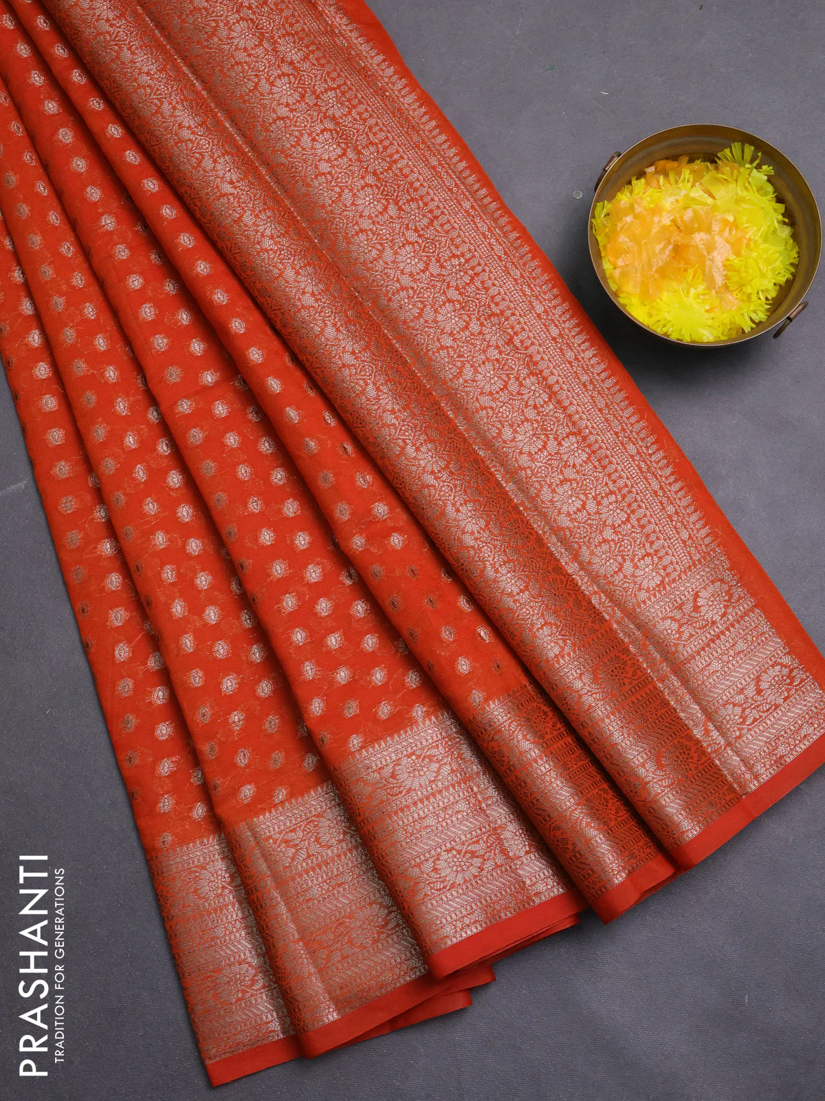 Banarasi semi chiniya saree orange with allover thread & zari woven buttas and woven border