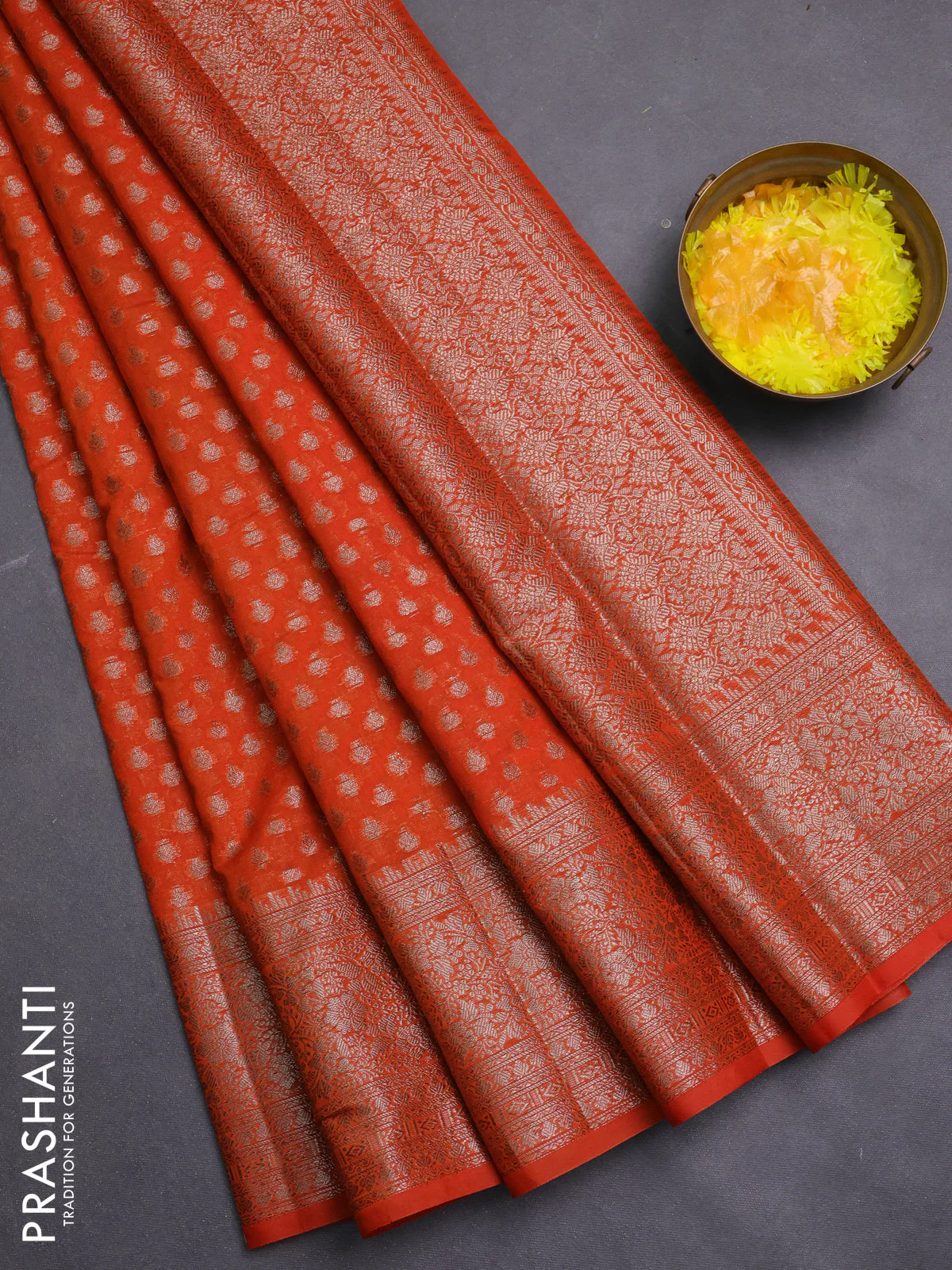 Banarasi semi chiniya saree orange with allover thread & zari woven buttas and woven border