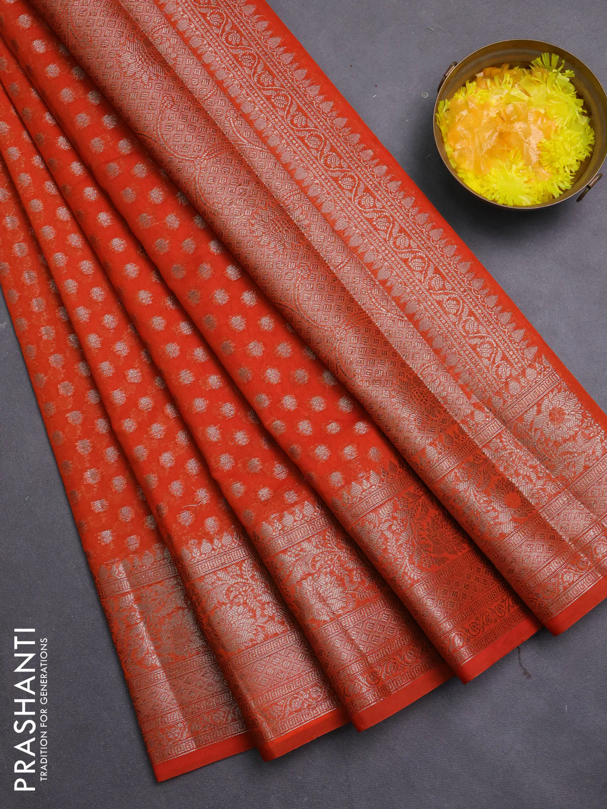 Banarasi semi chiniya saree orange with allover thread & zari woven buttas and woven border