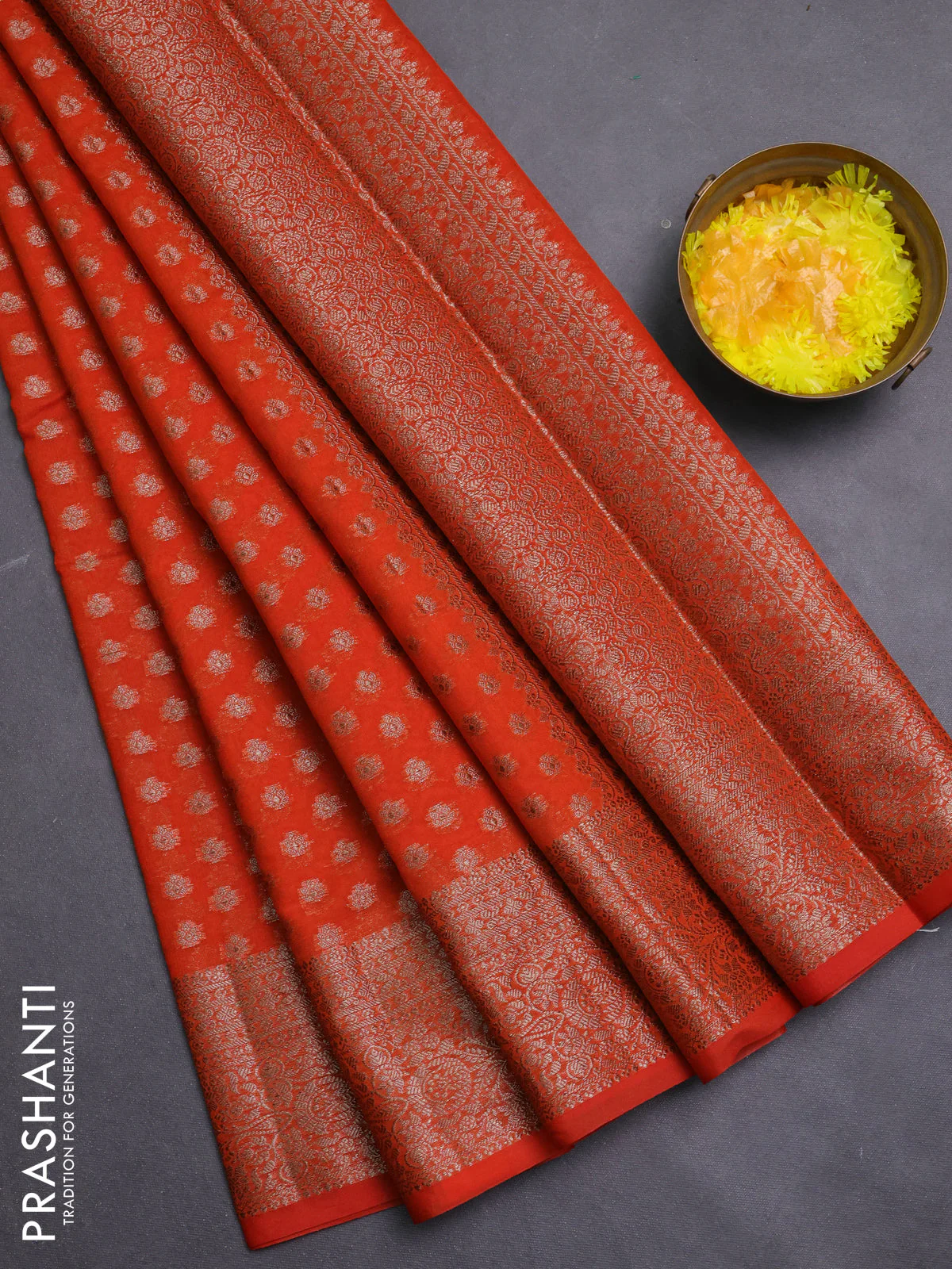 Banarasi semi chiniya saree orange with allover thread & zari woven buttas and woven border