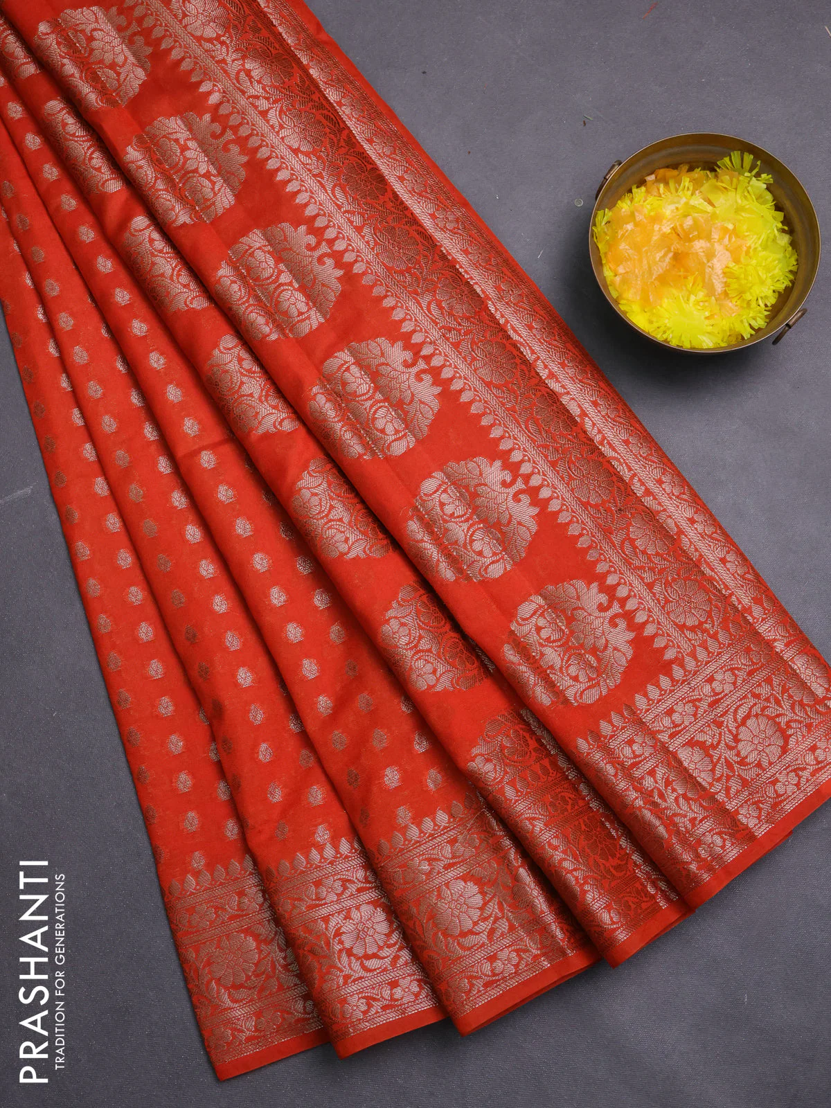 Banarasi semi chiniya saree orange with allover thread & zari woven buttas and woven border