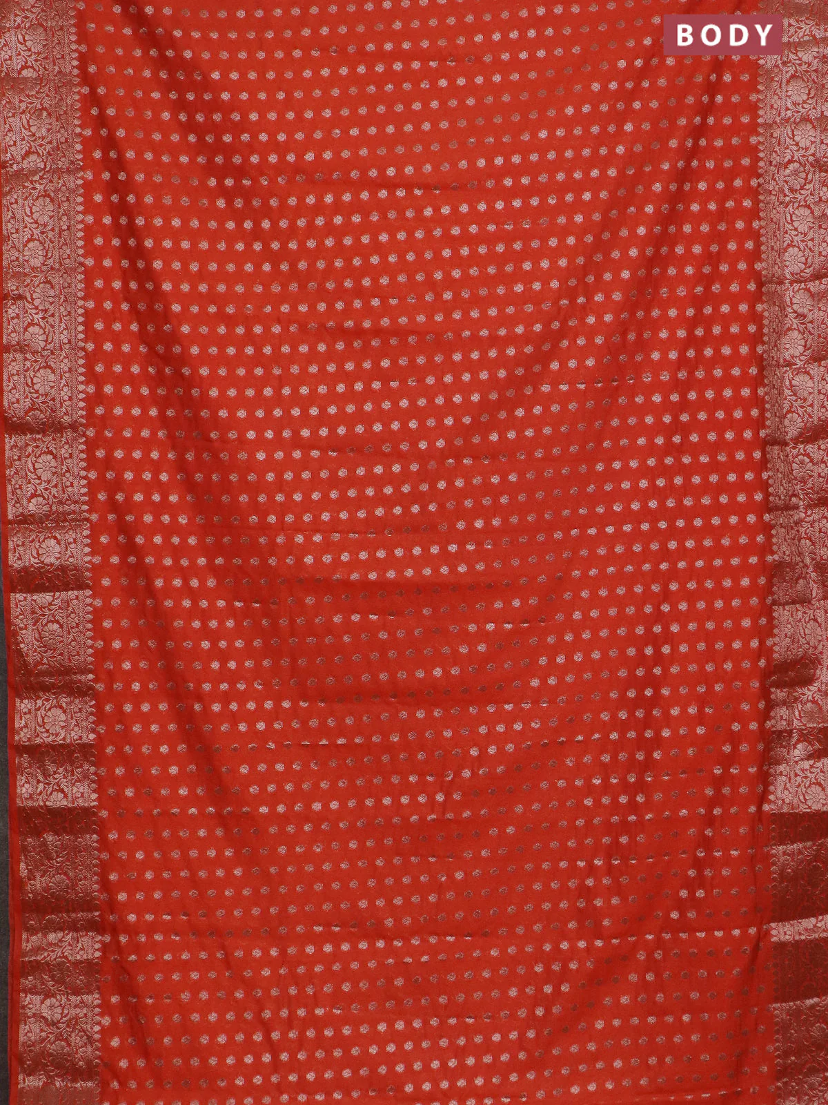 Banarasi semi chiniya saree orange with allover thread & zari woven buttas and woven border - Image 2