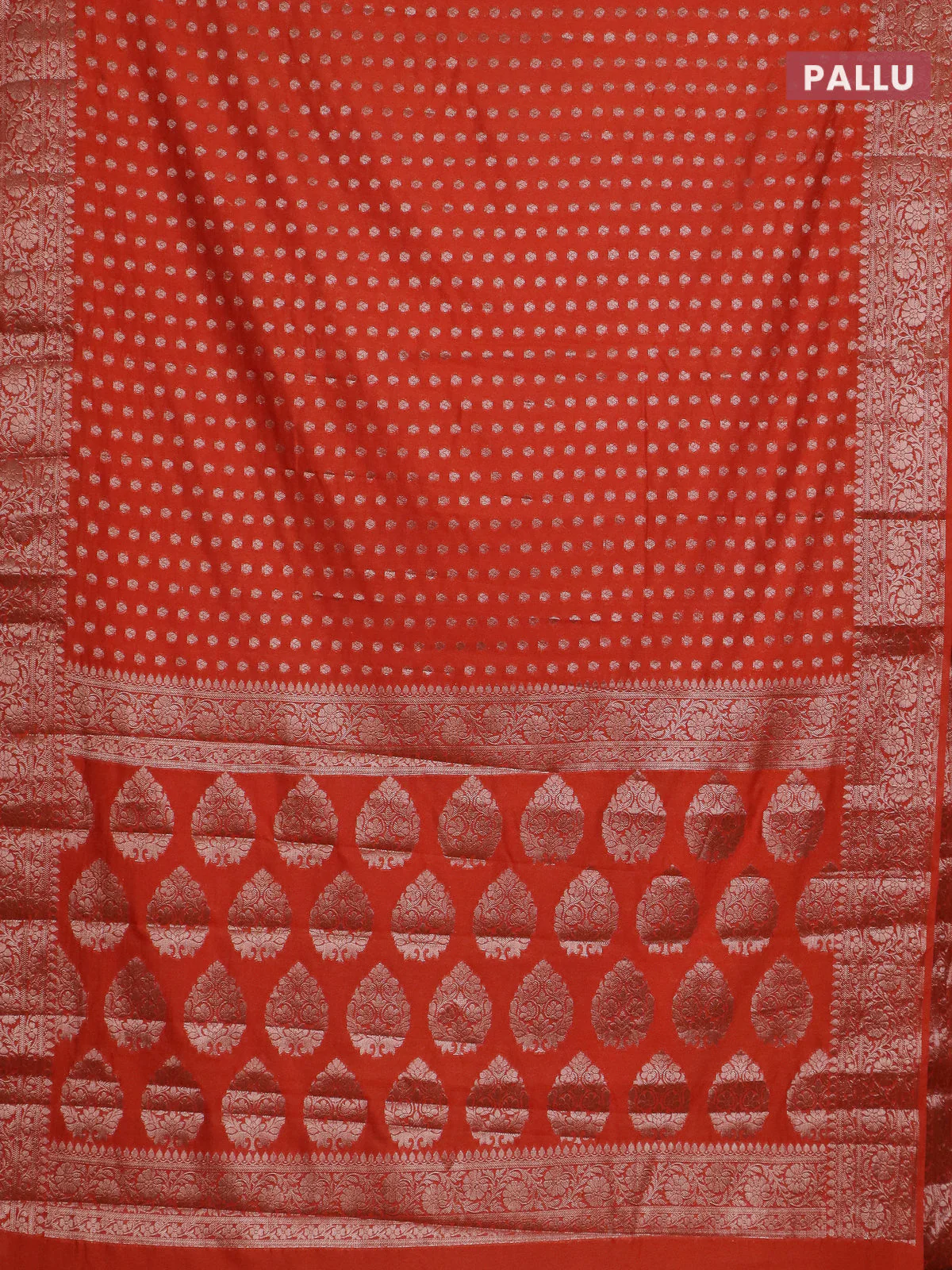 Banarasi semi chiniya saree orange with allover thread & zari woven buttas and woven border - Image 3