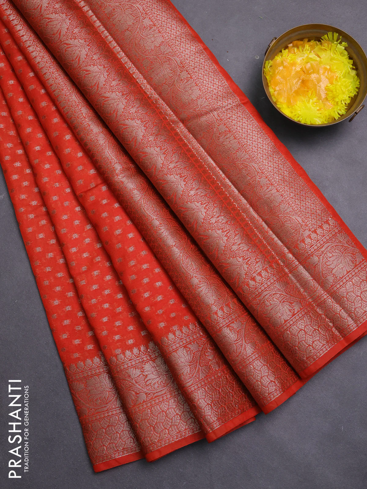 Banarasi semi chiniya saree orange with allover thread & zari woven buttas and woven border