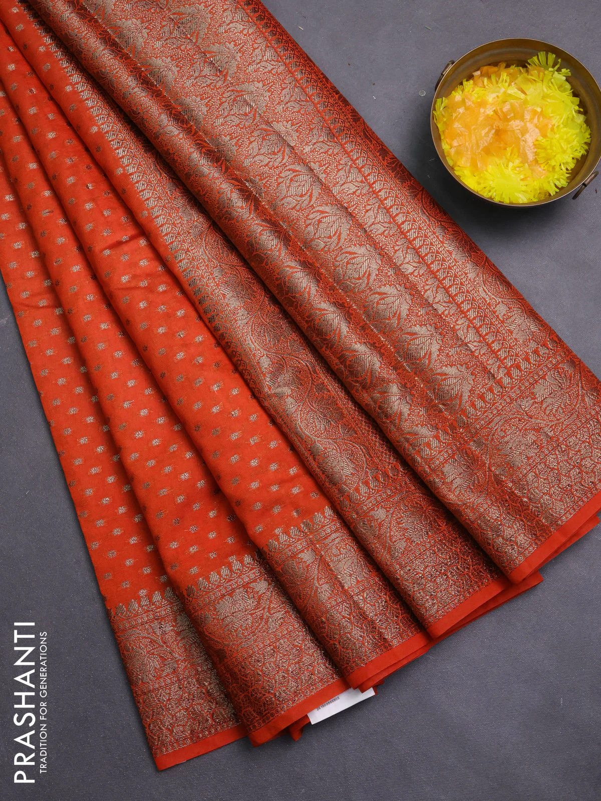 Banarasi semi chiniya saree orange with allover thread & zari woven buttas and woven border