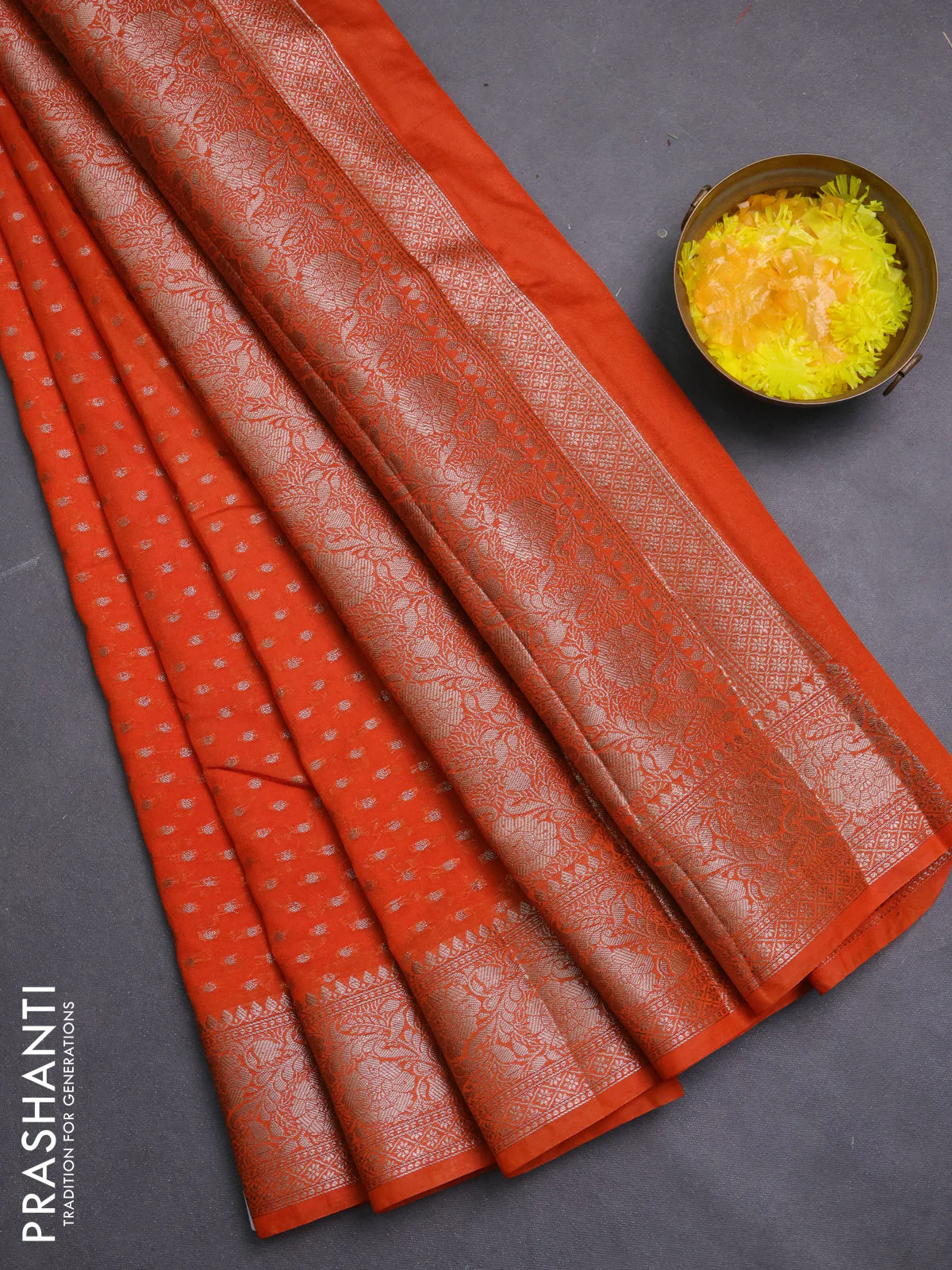 Banarasi semi chiniya saree orange with allover thread & zari woven buttas and woven border