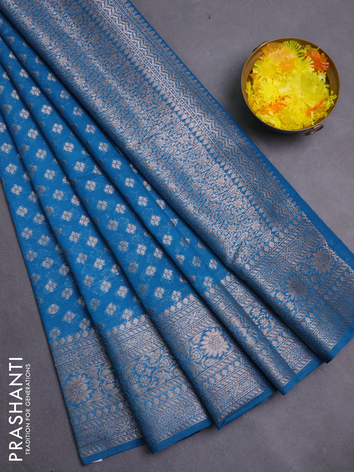Banarasi semi chiniya saree peacock blue with allover thread & zari woven buttas and woven border