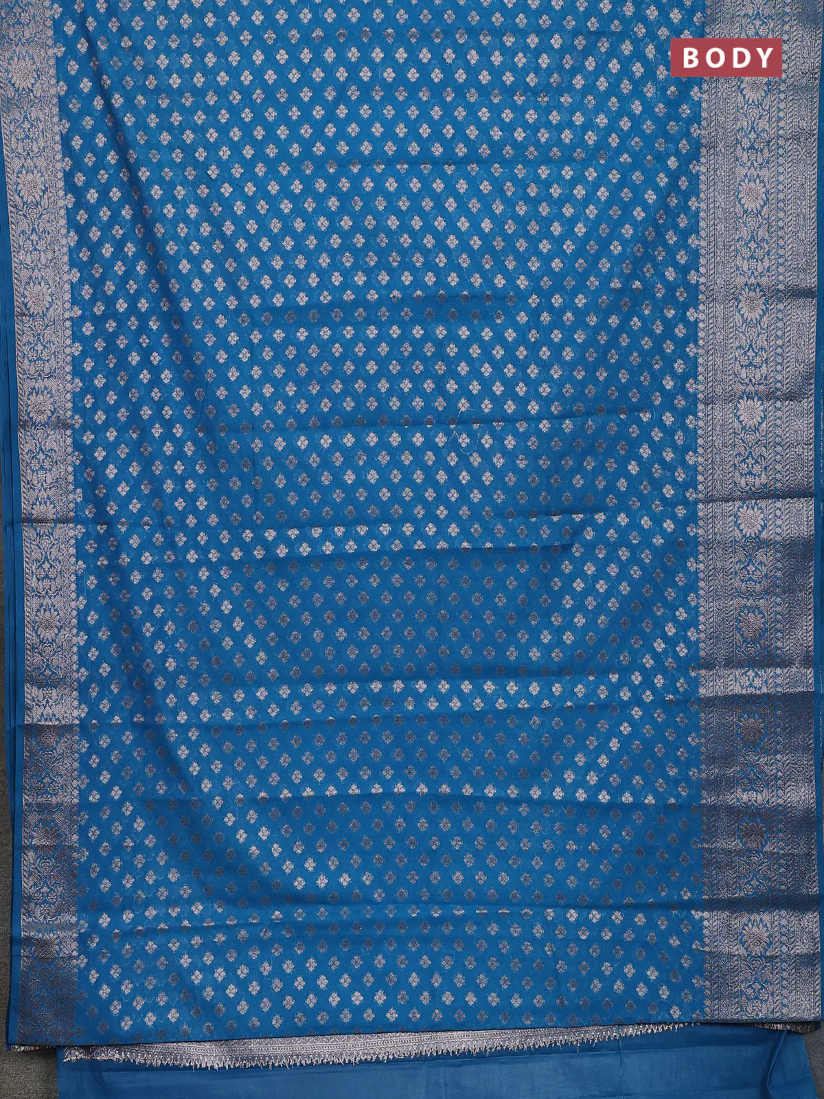 Banarasi semi chiniya saree peacock blue with allover thread & zari woven buttas and woven border - Image 2