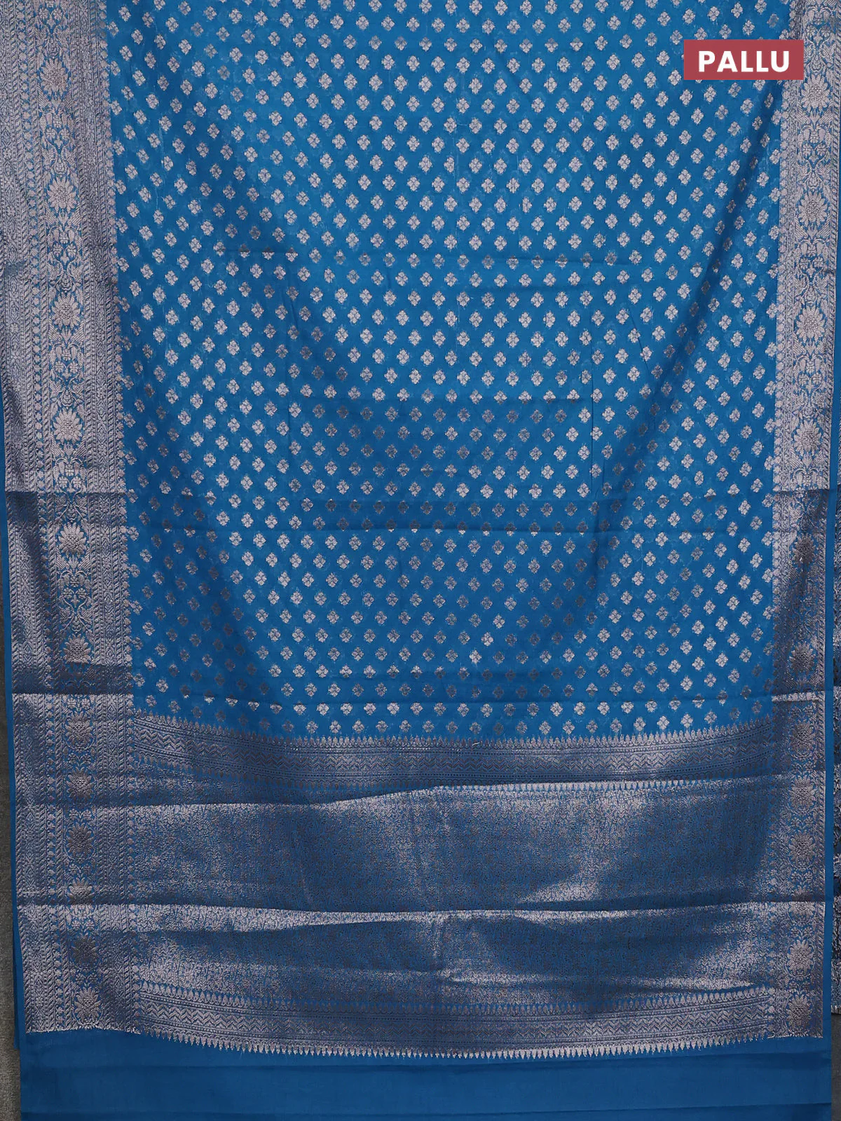 Banarasi semi chiniya saree peacock blue with allover thread & zari woven buttas and woven border - Image 3