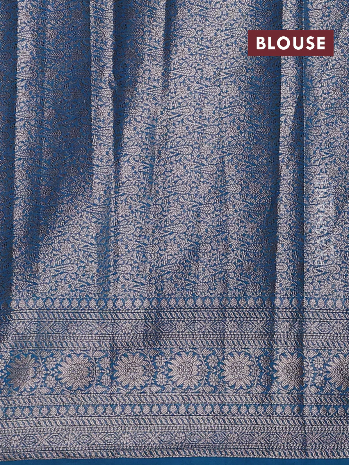 Banarasi semi chiniya saree peacock blue with allover thread & zari woven buttas and woven border - Image 4
