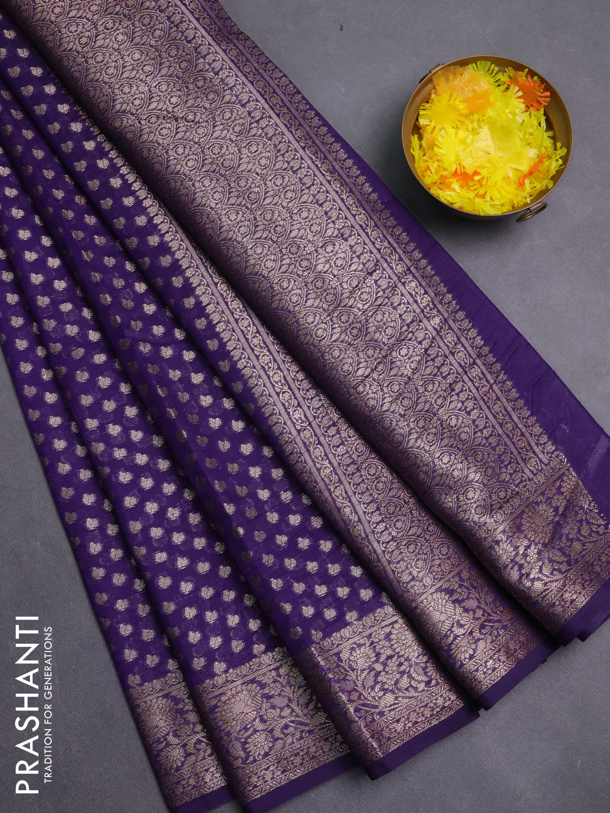 Banarasi semi chiniya saree purple with allover thread & zari woven buttas and woven border