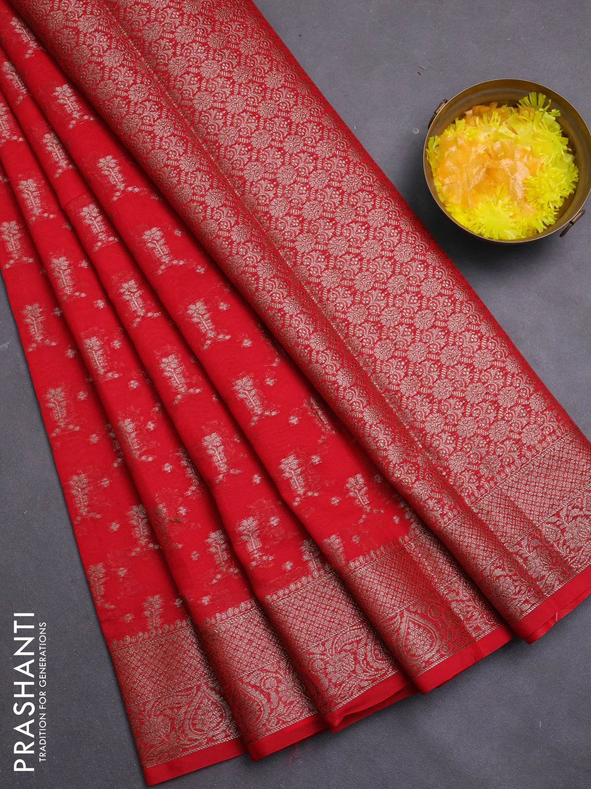 Banarasi semi chiniya saree red with allover thread & zari weaves and woven border