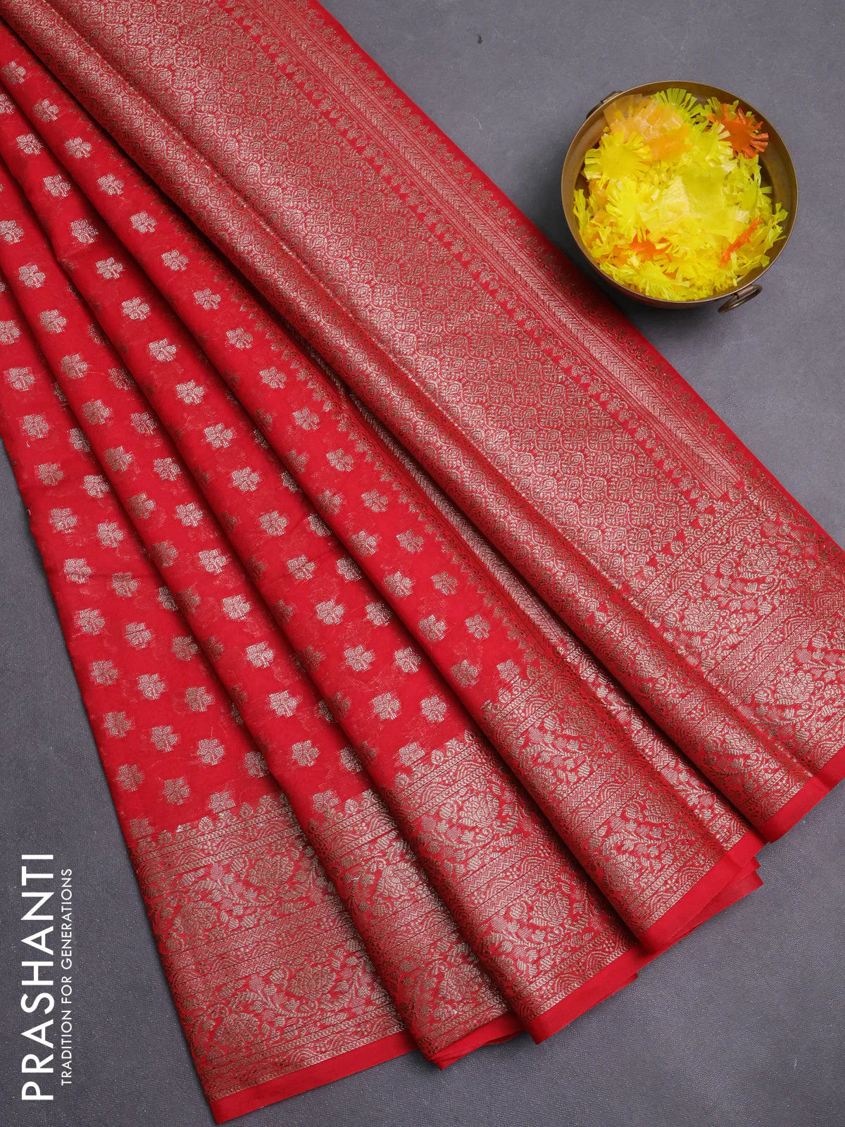 Banarasi semi chiniya saree red with allover thread & zari weaves and woven border