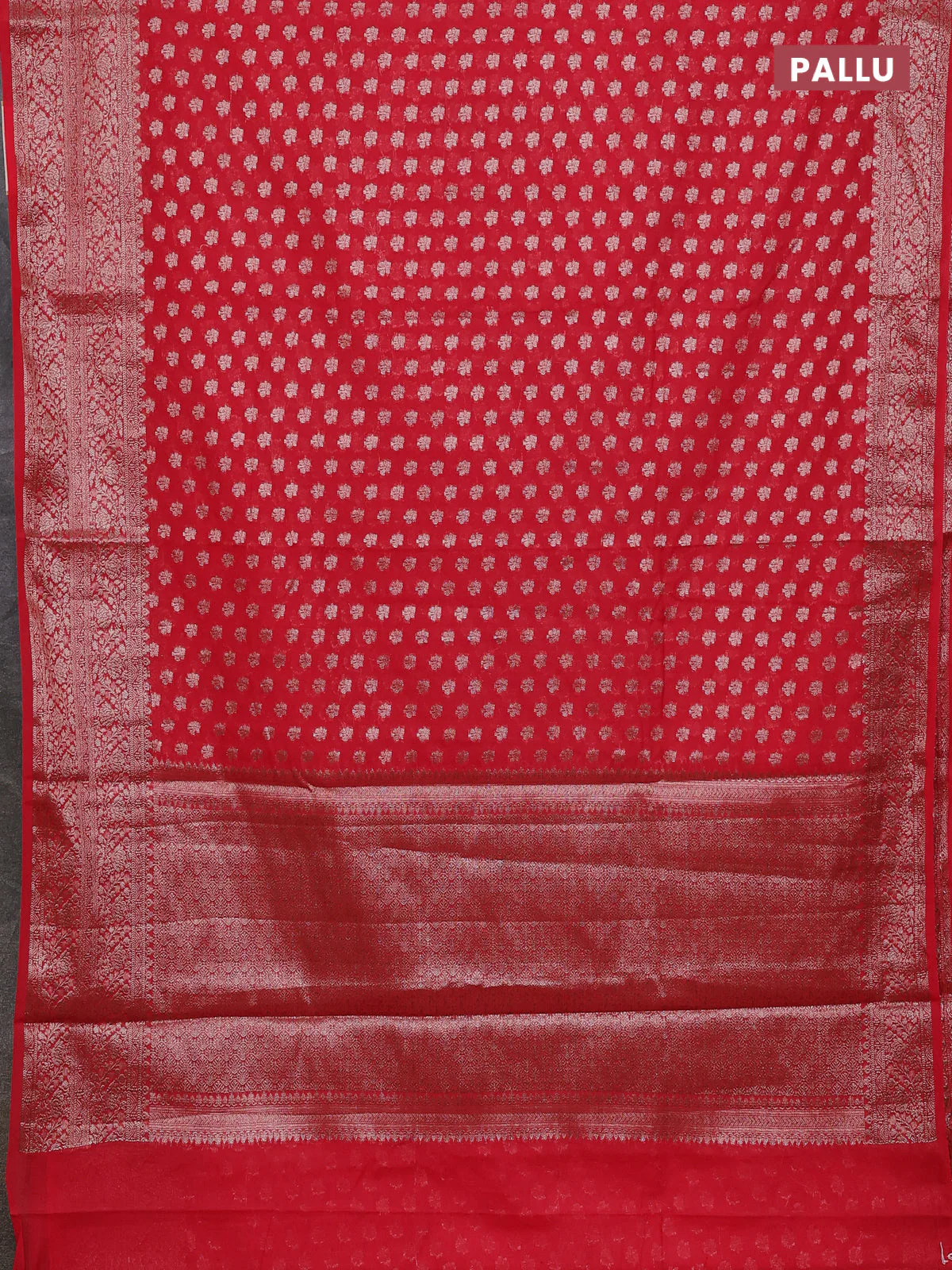 Banarasi semi chiniya saree red with allover thread & zari weaves and woven border - Image 3