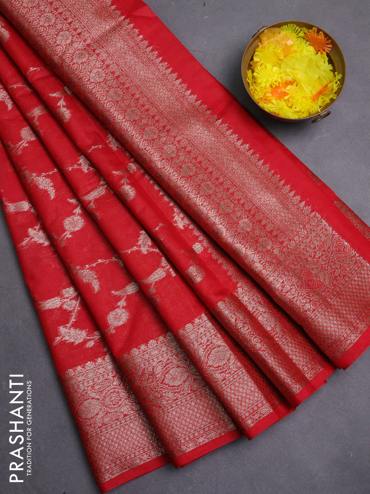Banarasi semi chiniya saree red with allover thread & zari weaves and woven border