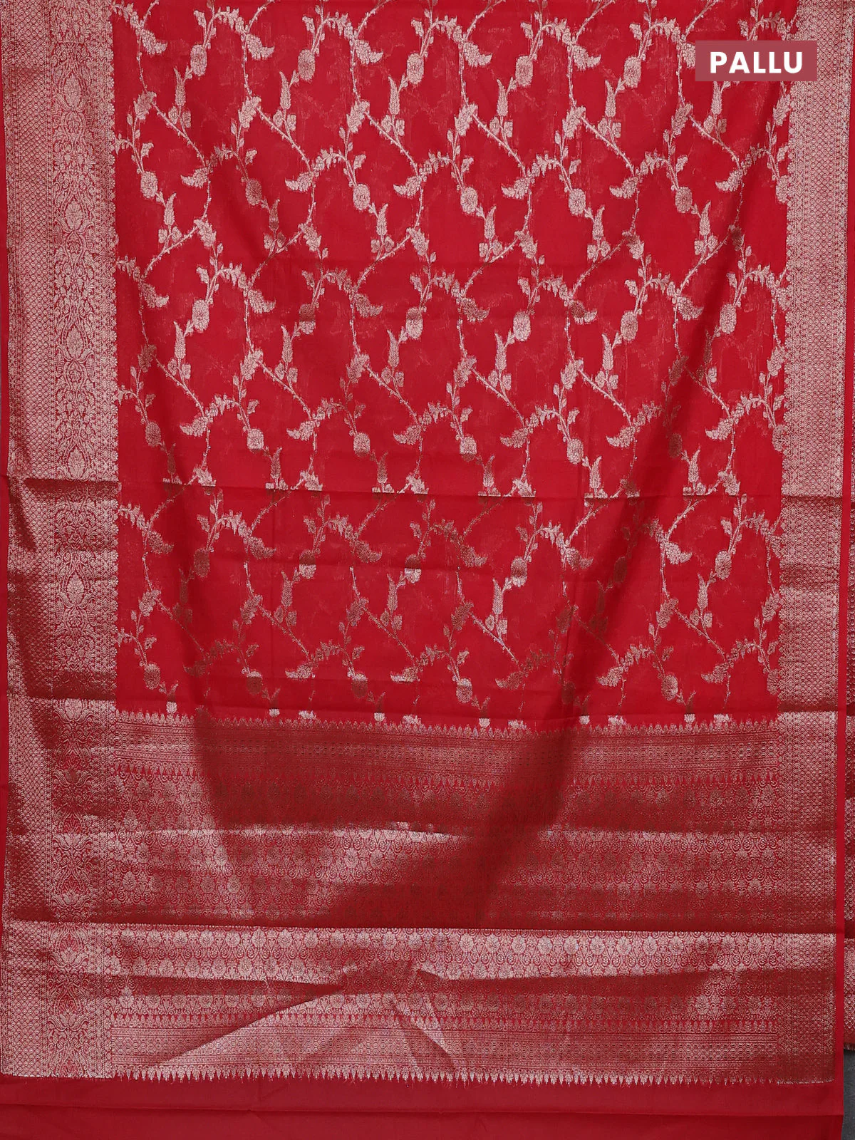 Banarasi semi chiniya saree red with allover thread & zari weaves and woven border - Image 3