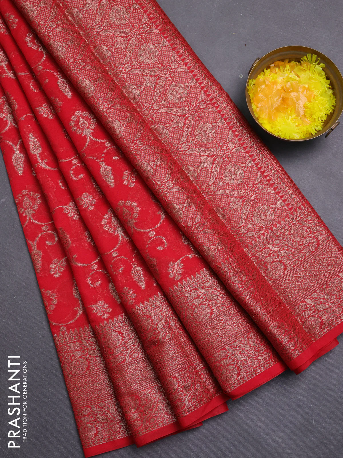 Banarasi semi chiniya saree red with allover thread & zari weaves and woven border