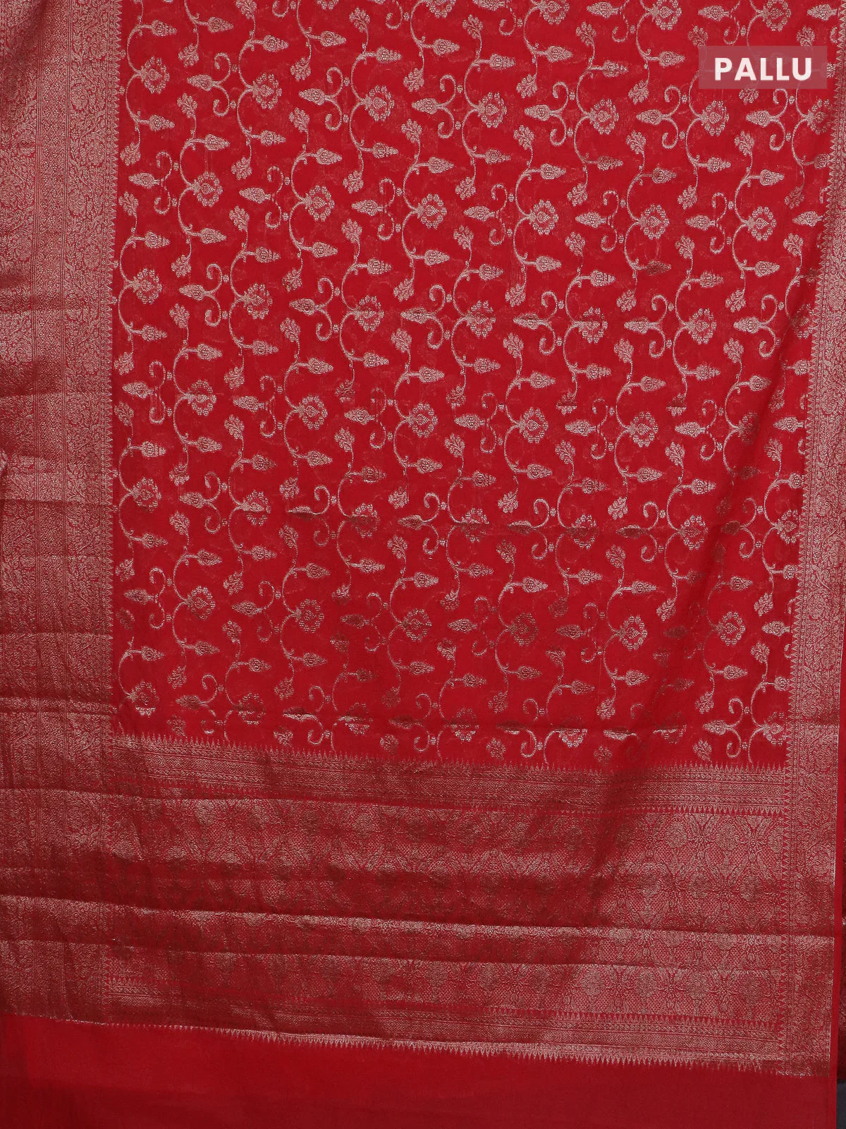 Banarasi semi chiniya saree red with allover thread & zari weaves and woven border - Image 3