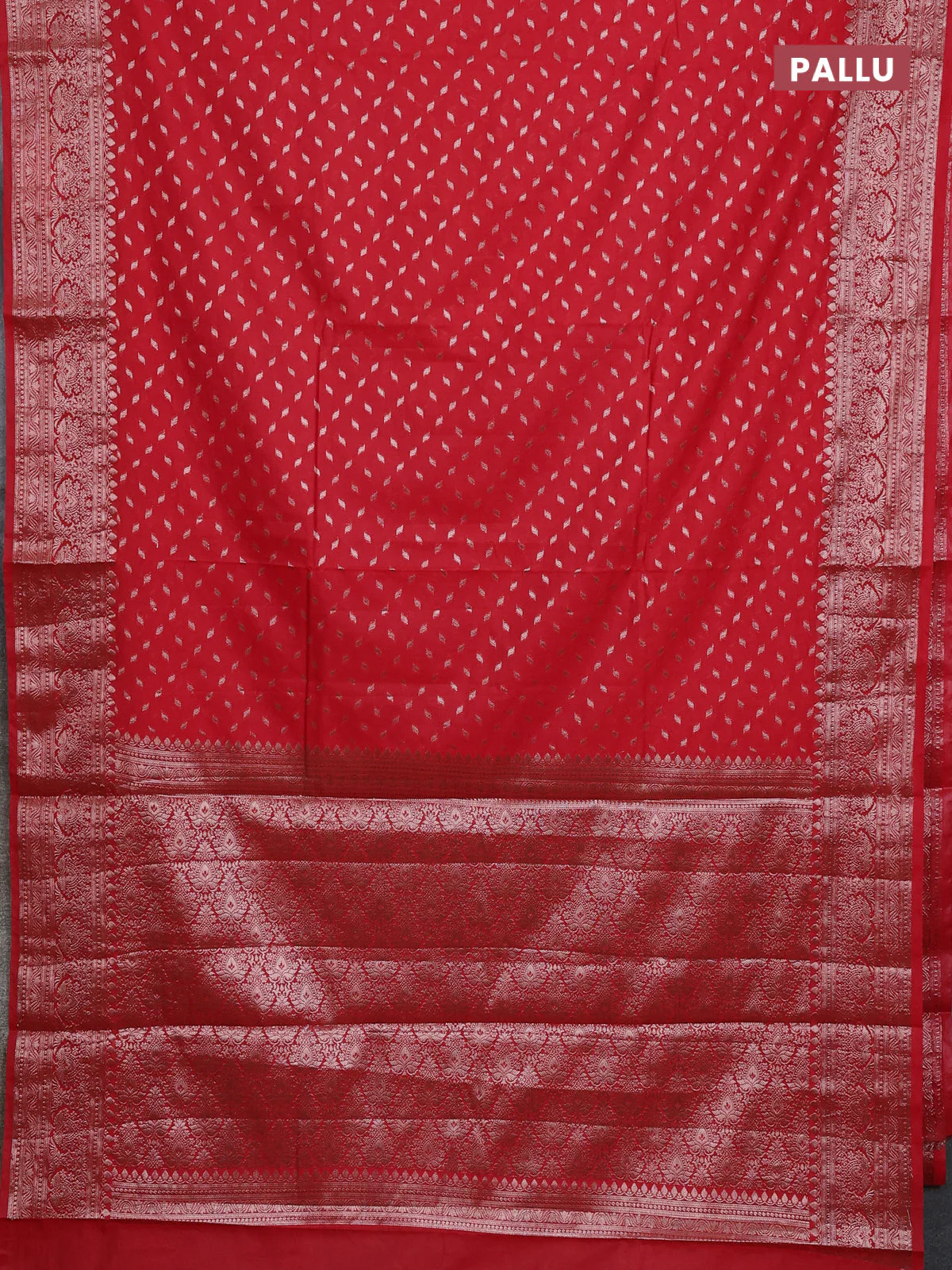 Banarasi semi chiniya saree red with allover thread & zari woven buttas and woven border - Image 3