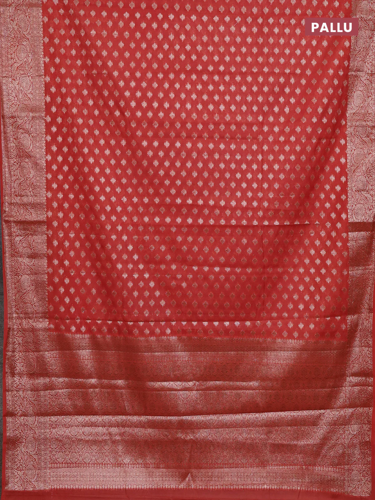 Banarasi semi chiniya saree red with allover thread & zari woven buttas and woven border - Image 3