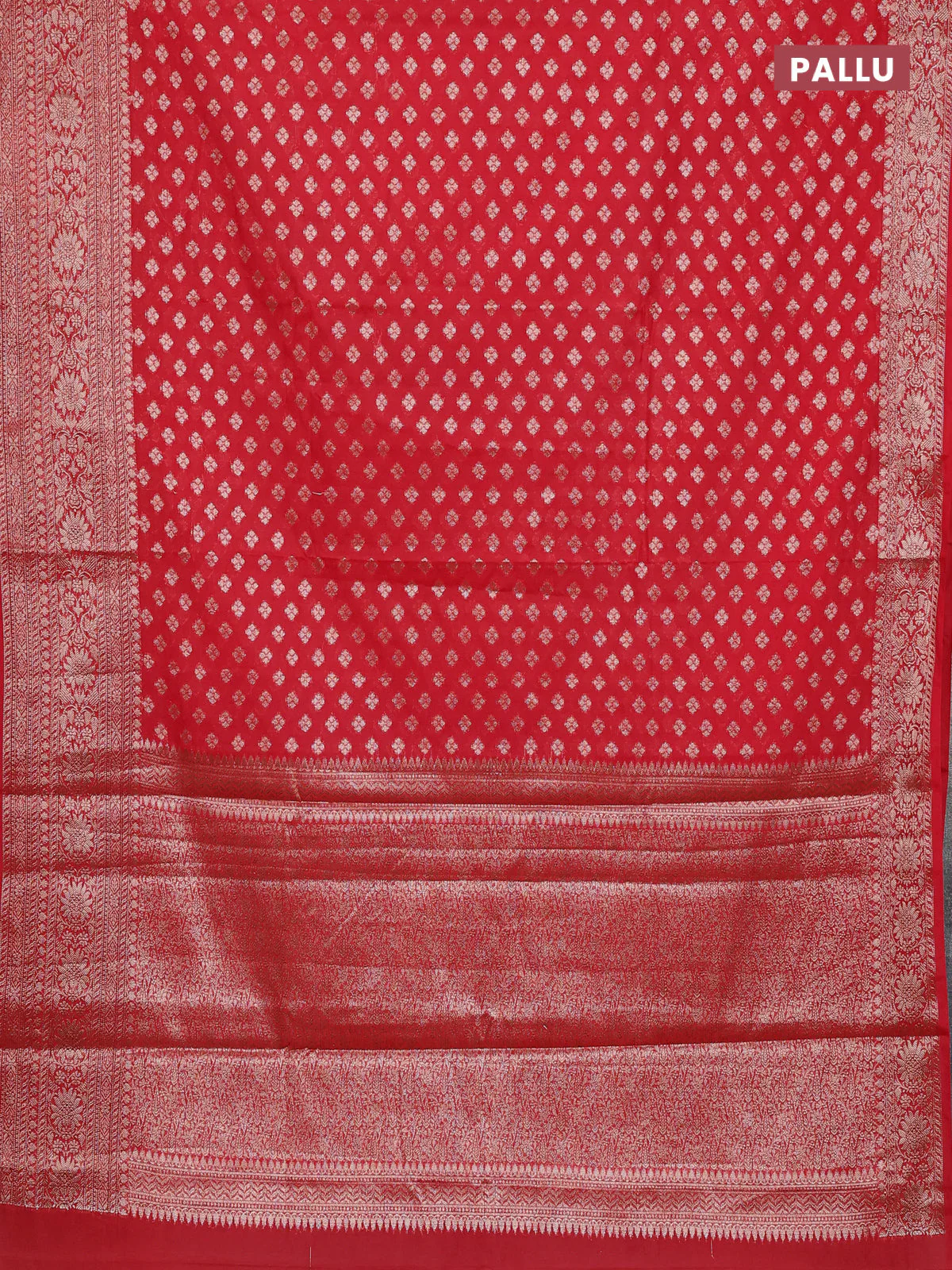 Banarasi semi chiniya saree red with allover thread & zari woven buttas and woven border - Image 3