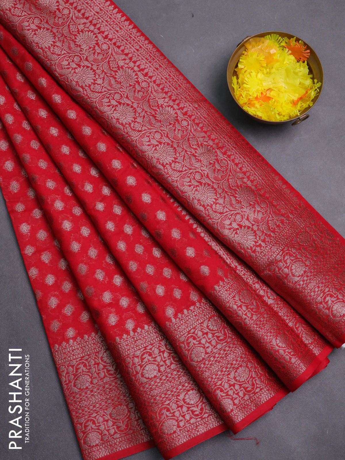 Banarasi semi chiniya saree red with allover thread & zari woven buttas and woven border