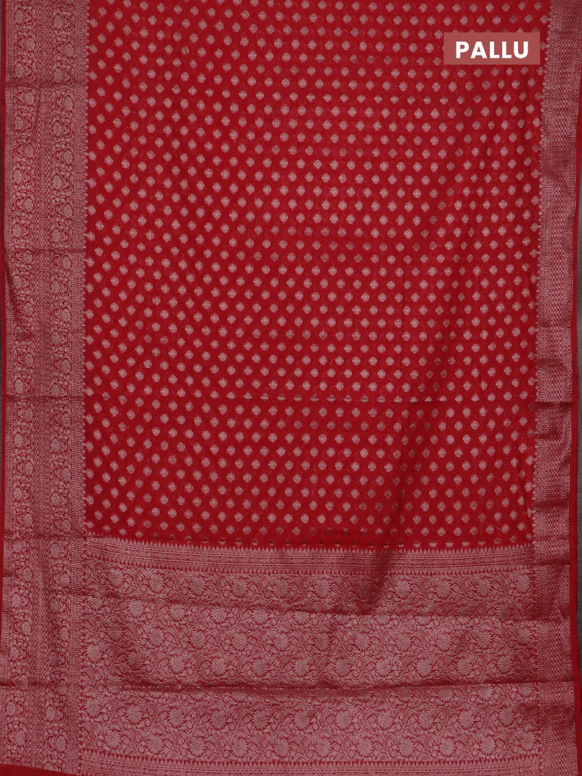 Banarasi semi chiniya saree red with allover thread & zari woven buttas and woven border - Image 3