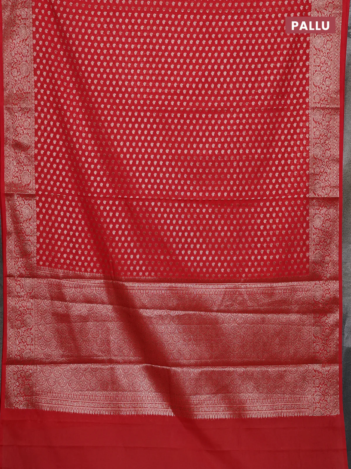Banarasi semi chiniya saree red with allover thread & zari woven buttas and woven border - Image 3