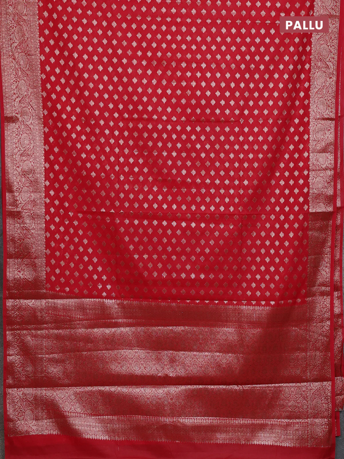 Banarasi semi chiniya saree red with allover thread & zari woven buttas and woven border - Image 3