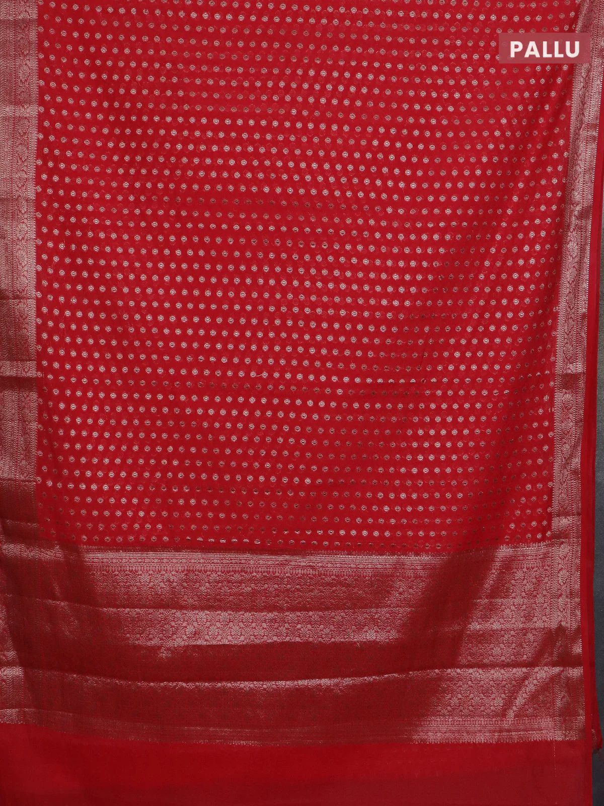 Banarasi semi chiniya saree red with allover thread & zari woven buttas and woven border - Image 3