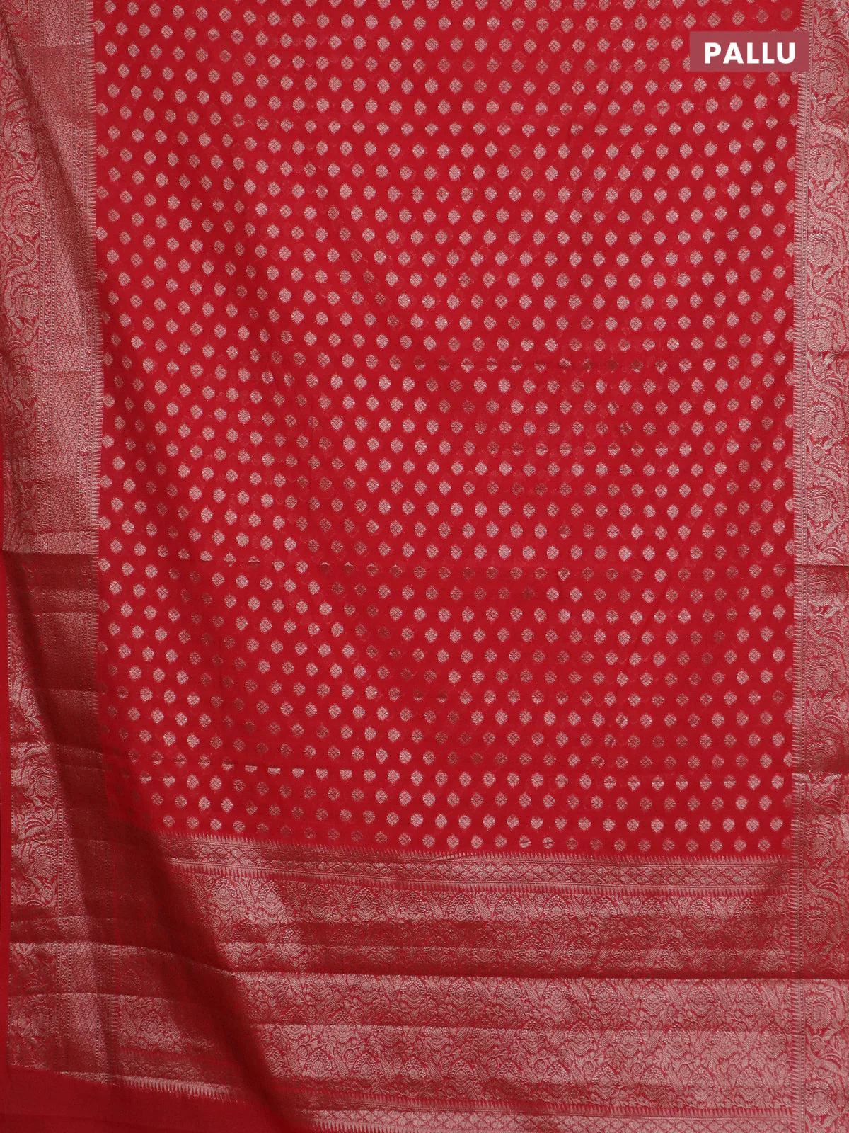 Banarasi semi chiniya saree red with allover thread & zari woven buttas and woven border - Image 3