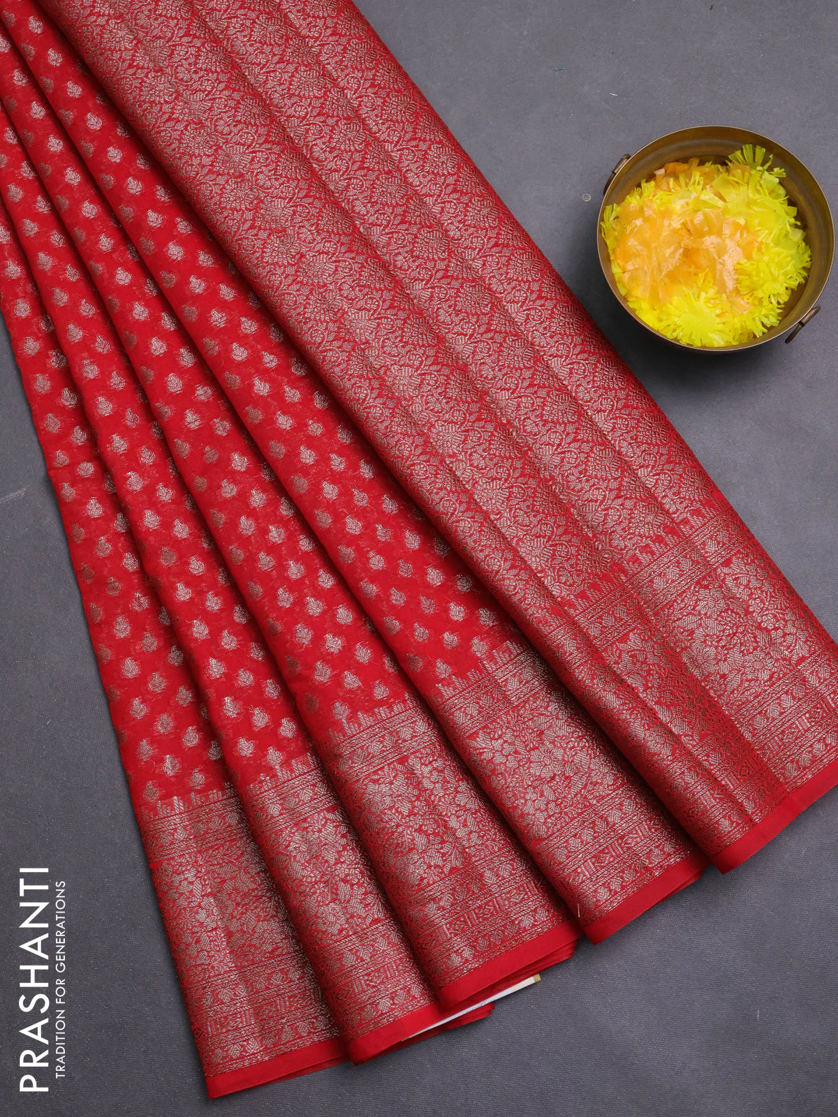 Banarasi semi chiniya saree red with allover thread & zari woven buttas and woven border