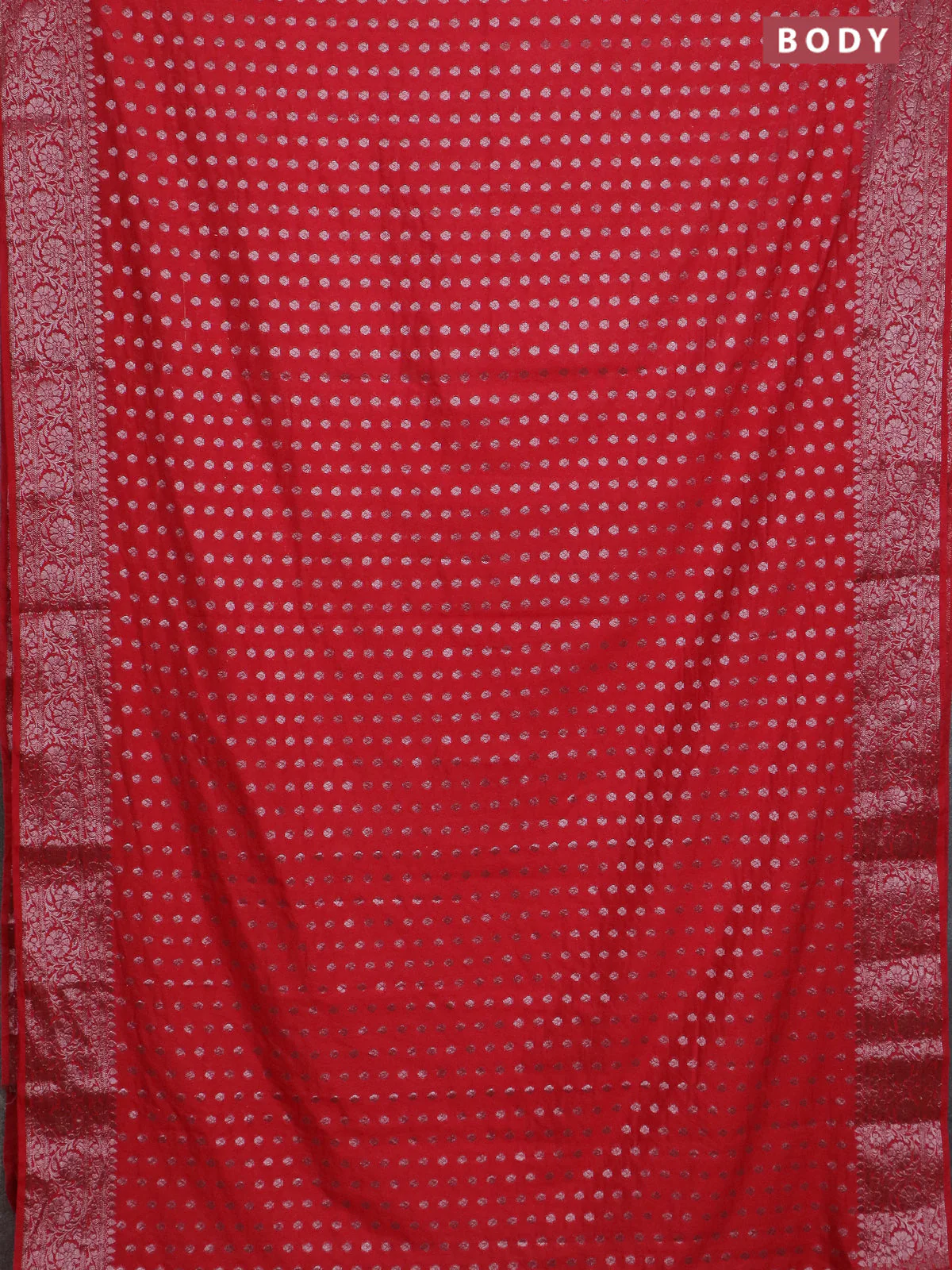 Banarasi semi chiniya saree red with allover thread & zari woven buttas and woven border - Image 2