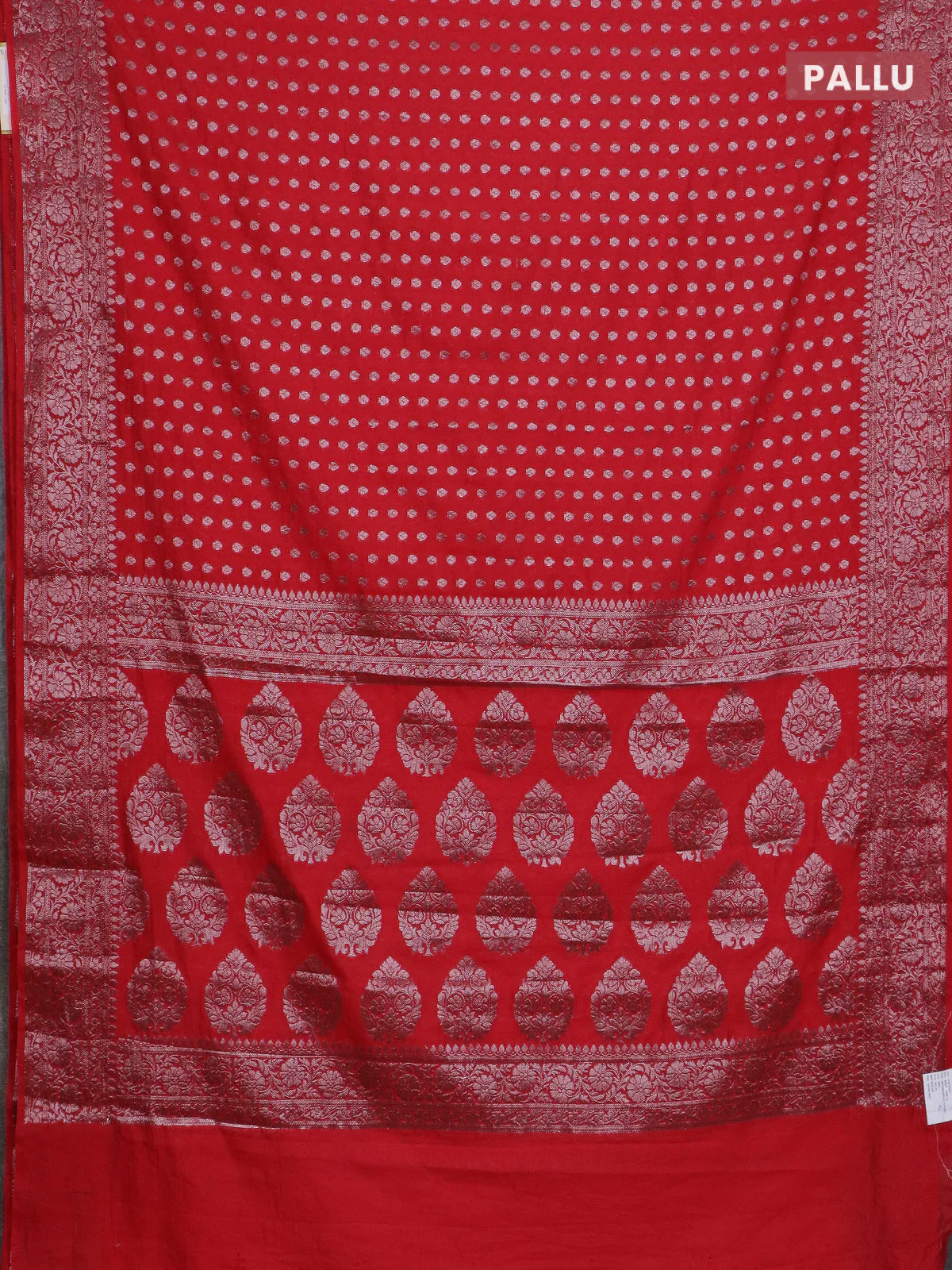 Banarasi semi chiniya saree red with allover thread & zari woven buttas and woven border - Image 3