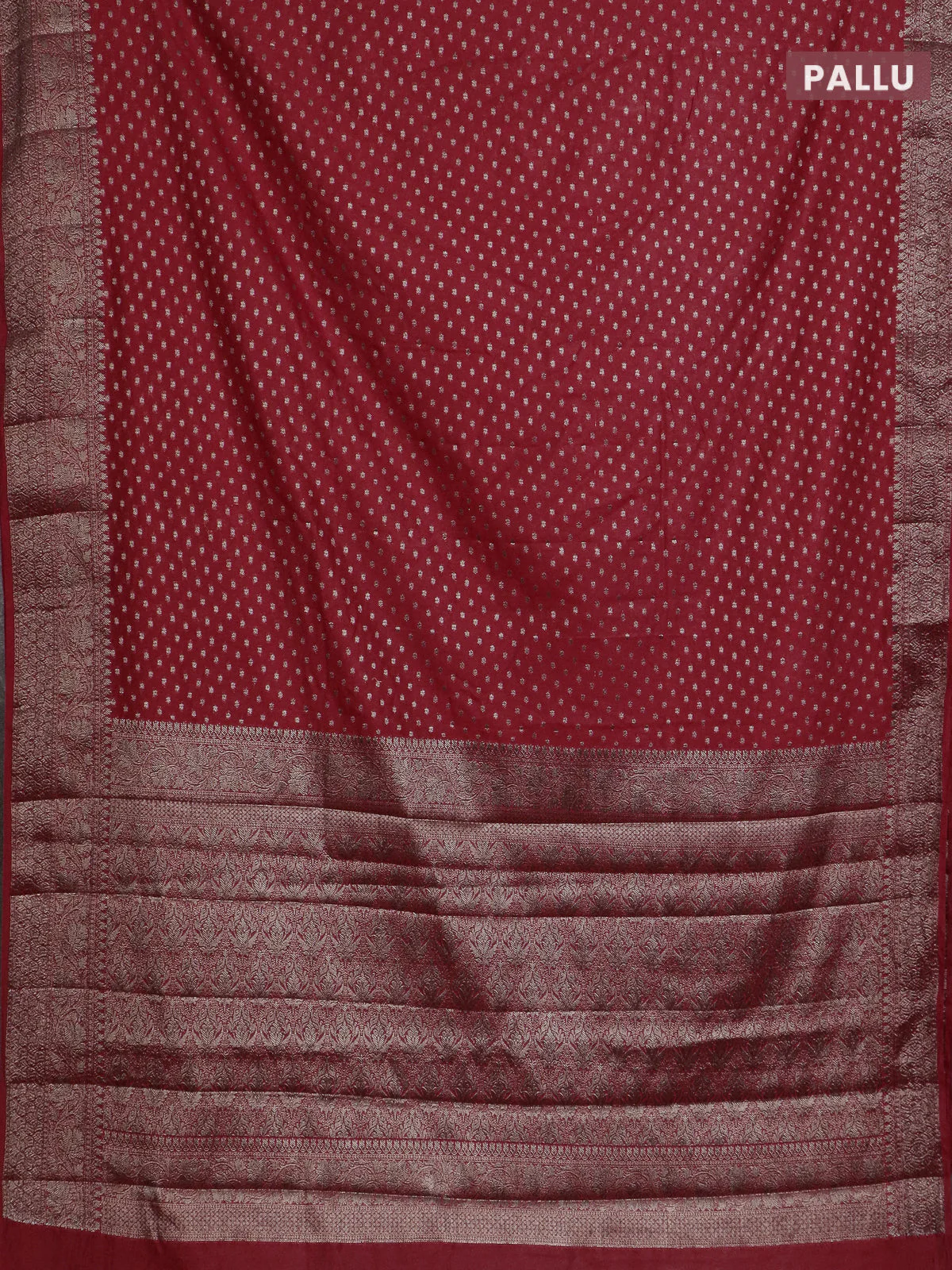 Banarasi semi chiniya saree red with allover thread & zari woven buttas and woven border - Image 3